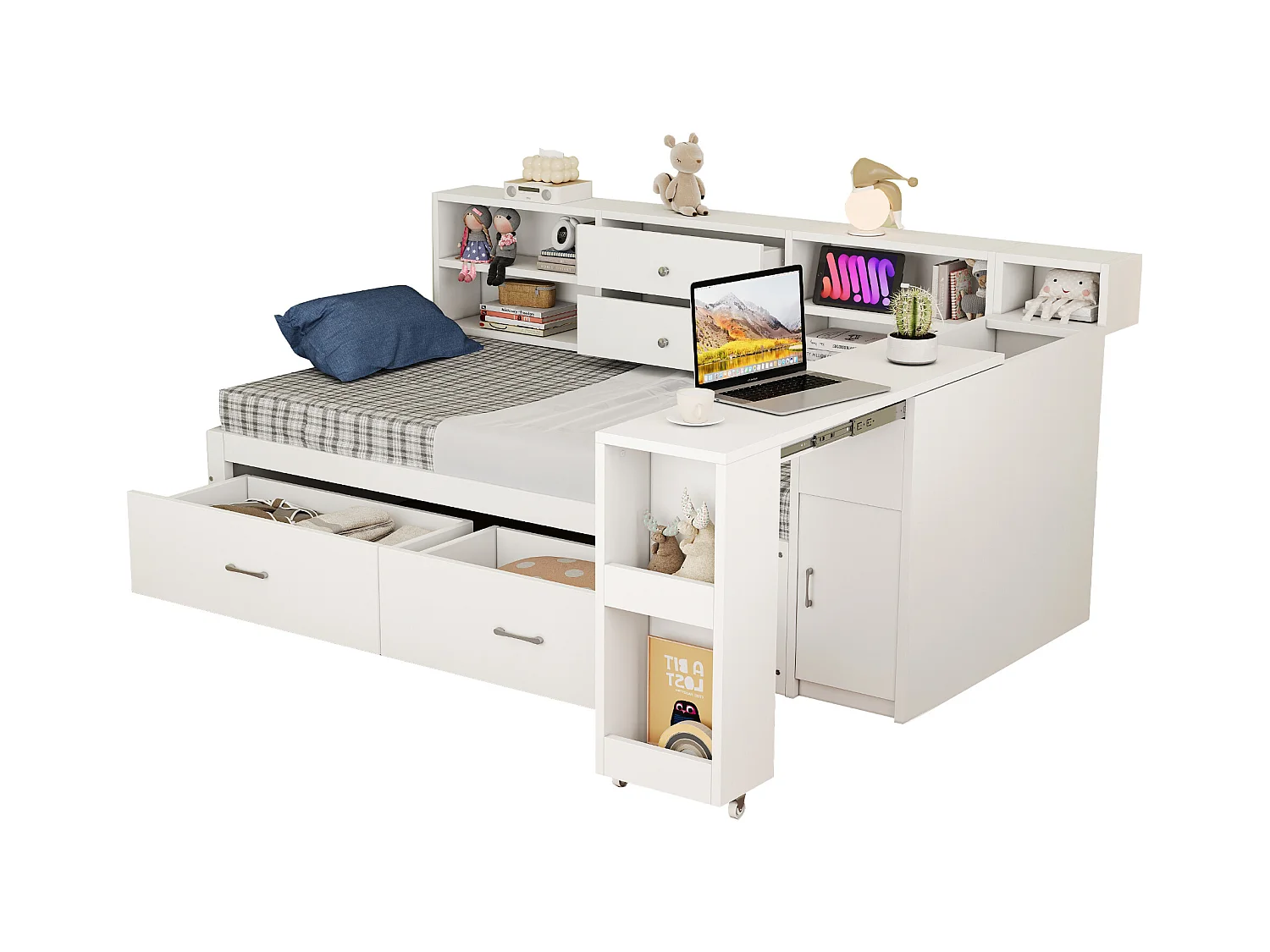 Canapé-lit en bois 90x200cm - rangement caché + étagère - avec 4 tiroirs - prise multifonction - bureau coulissant - blanc