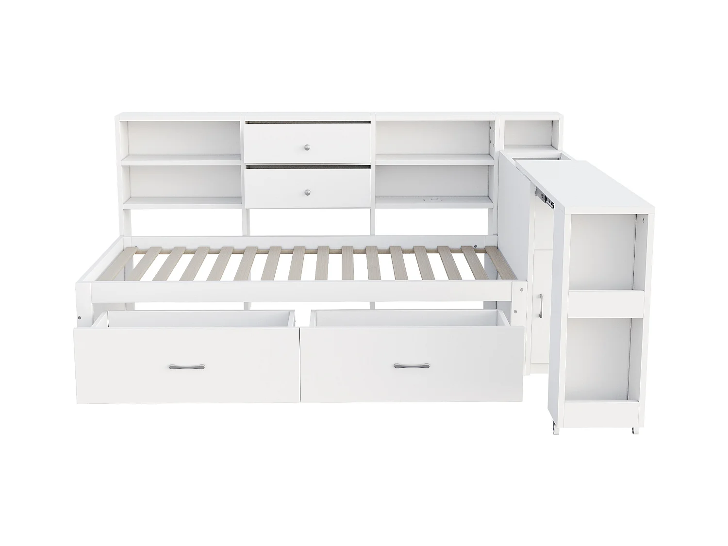 Canapé-lit en bois 90x200cm - rangement caché + étagère - avec 4 tiroirs - prise multifonction - bureau coulissant - blanc