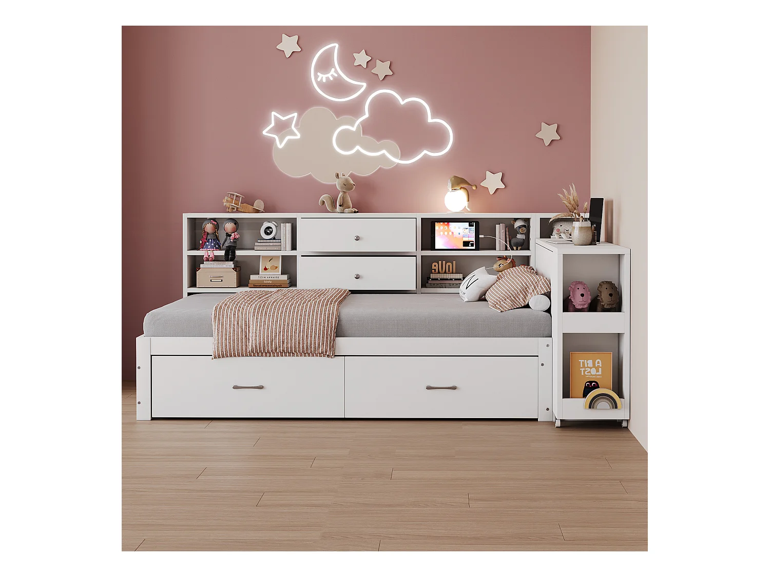 Schlafsofa aus Holz 90x200cm - versteckter Stauraum + Regalbrett - mit 4 Schubladen - Mehrfachsteckdose - ausziehbarer Schreibtisch - weiß