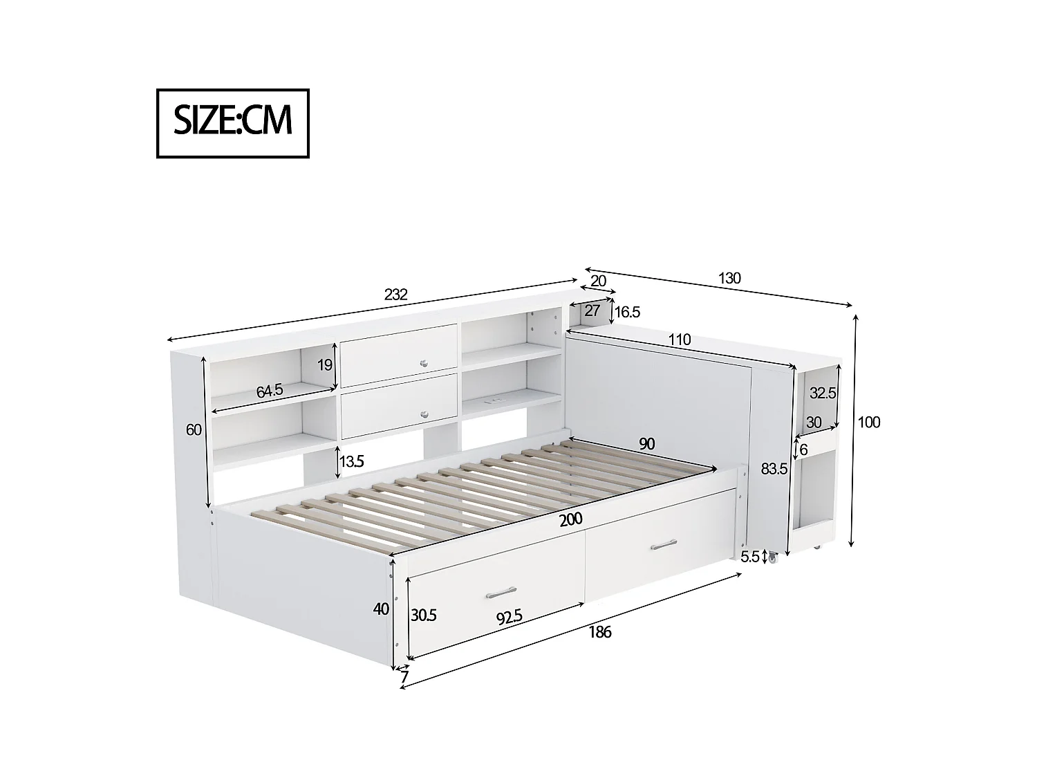 Schlafsofa aus Holz 90x200cm - versteckter Stauraum + Regalbrett - mit 4 Schubladen - Mehrfachsteckdose - ausziehbarer Schreibtisch - weiß