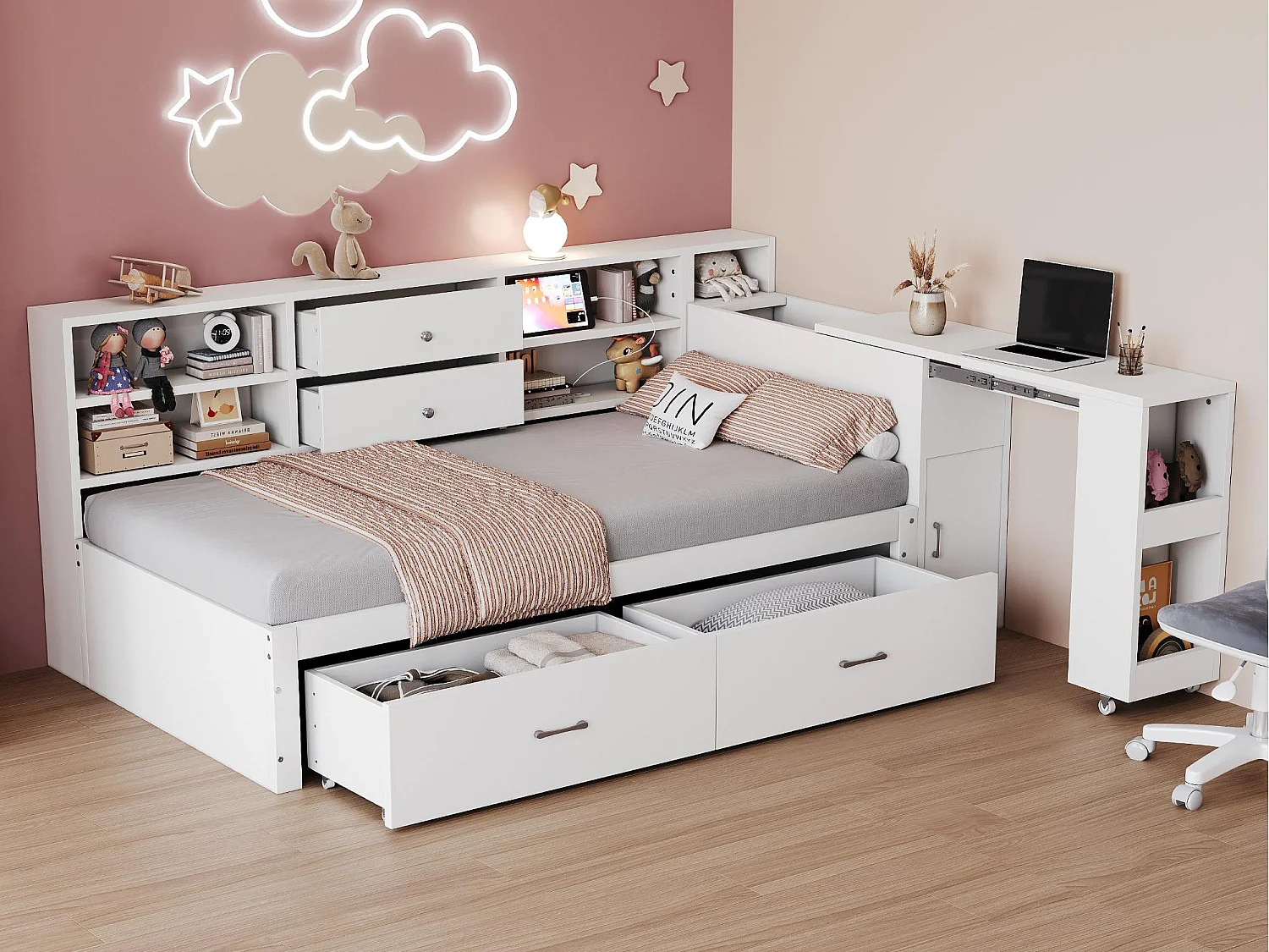 Drewniana sofa rozkładana 90x200cm - ukryte przechowywanie + półka - z 4 szufladami - gniazdo wielofunkcyjne - wysuwane biurko - biały