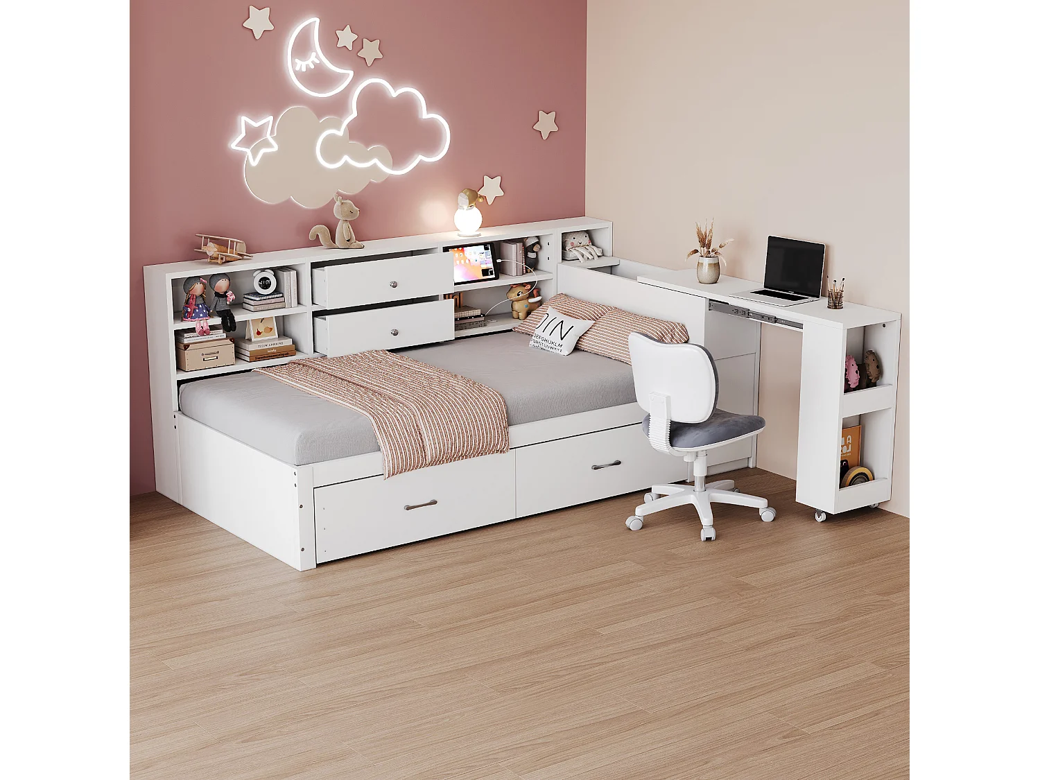 Drewniana sofa rozkładana 90x200cm - ukryte przechowywanie + półka - z 4 szufladami - gniazdo wielofunkcyjne - wysuwane biurko - biały