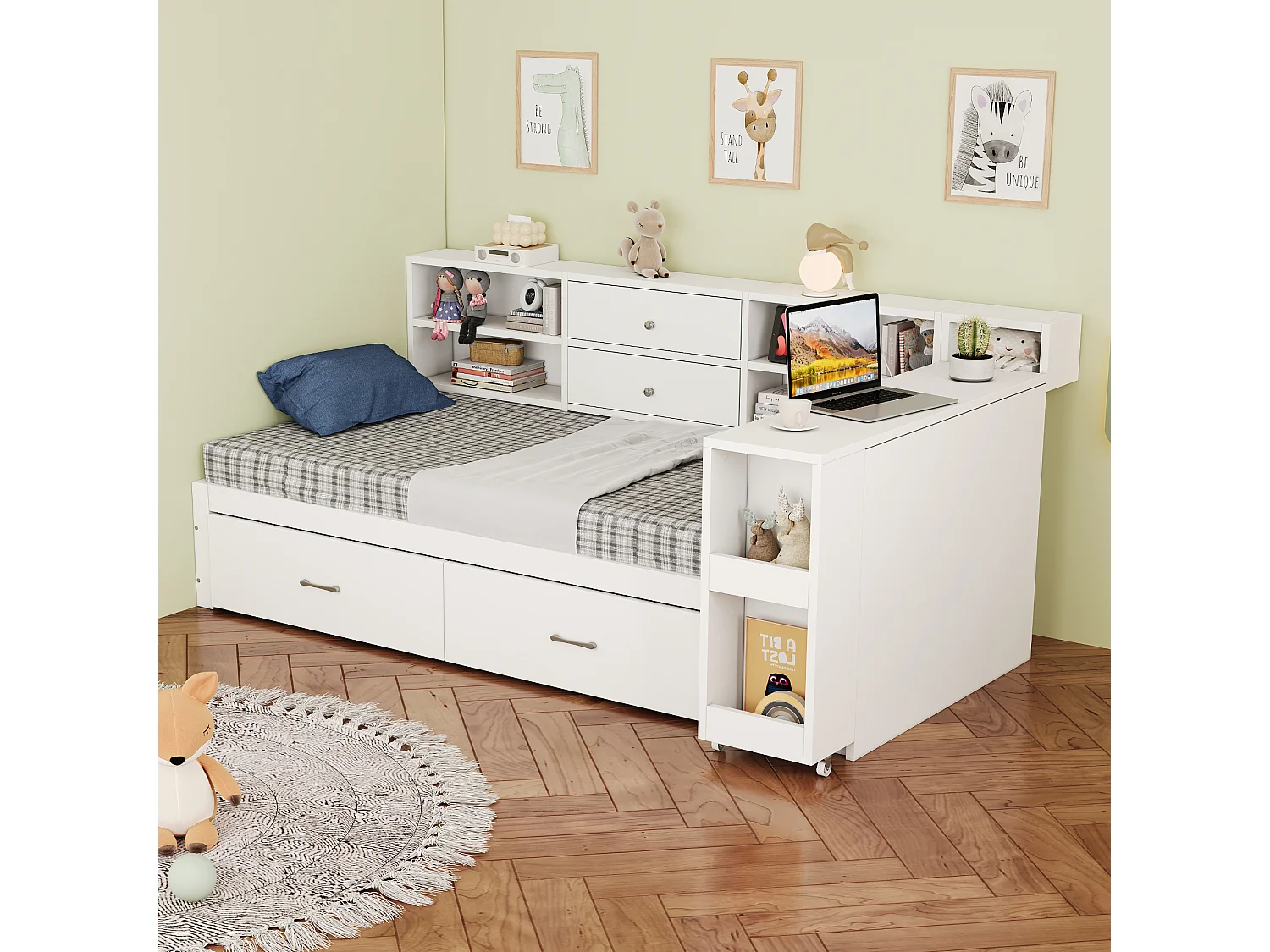 Drewniana sofa rozkładana 90x200cm - ukryte przechowywanie + półka - z 4 szufladami - gniazdo wielofunkcyjne - wysuwane biurko - biały