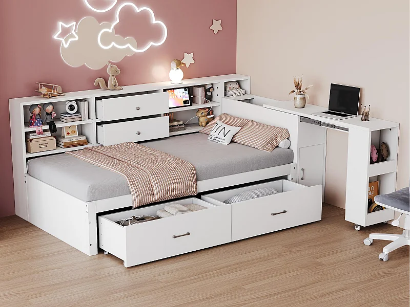 Canapé-lit en bois 90x200cm - rangement caché + étagère - avec 4 tiroirs - prise multifonction - bureau coulissant - blanc