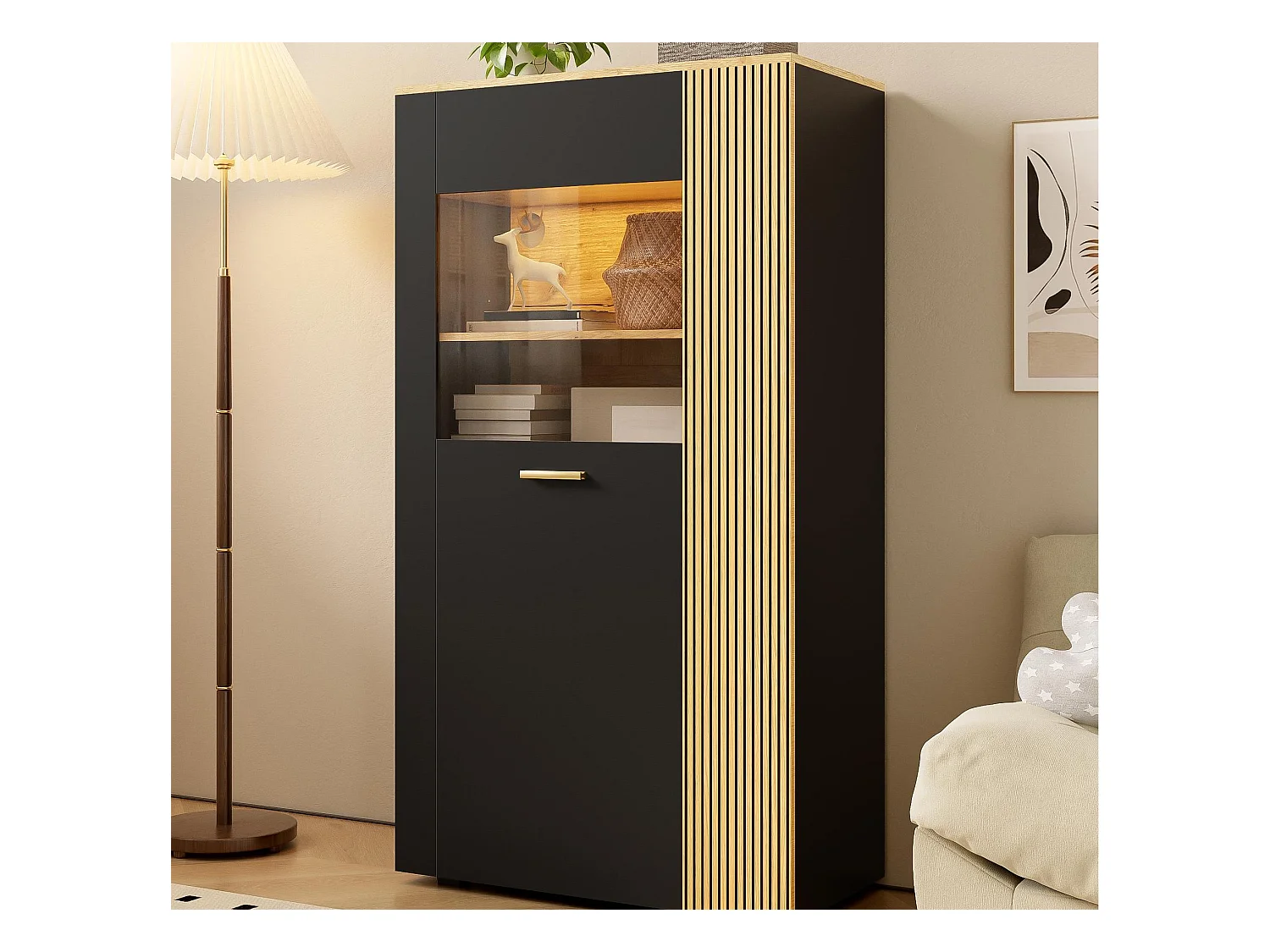 Vitrine 80x40x146cm - avec éclairage LED - avec 1 porte - Étagères réglables - Panneaux de particules - Noir + naturel