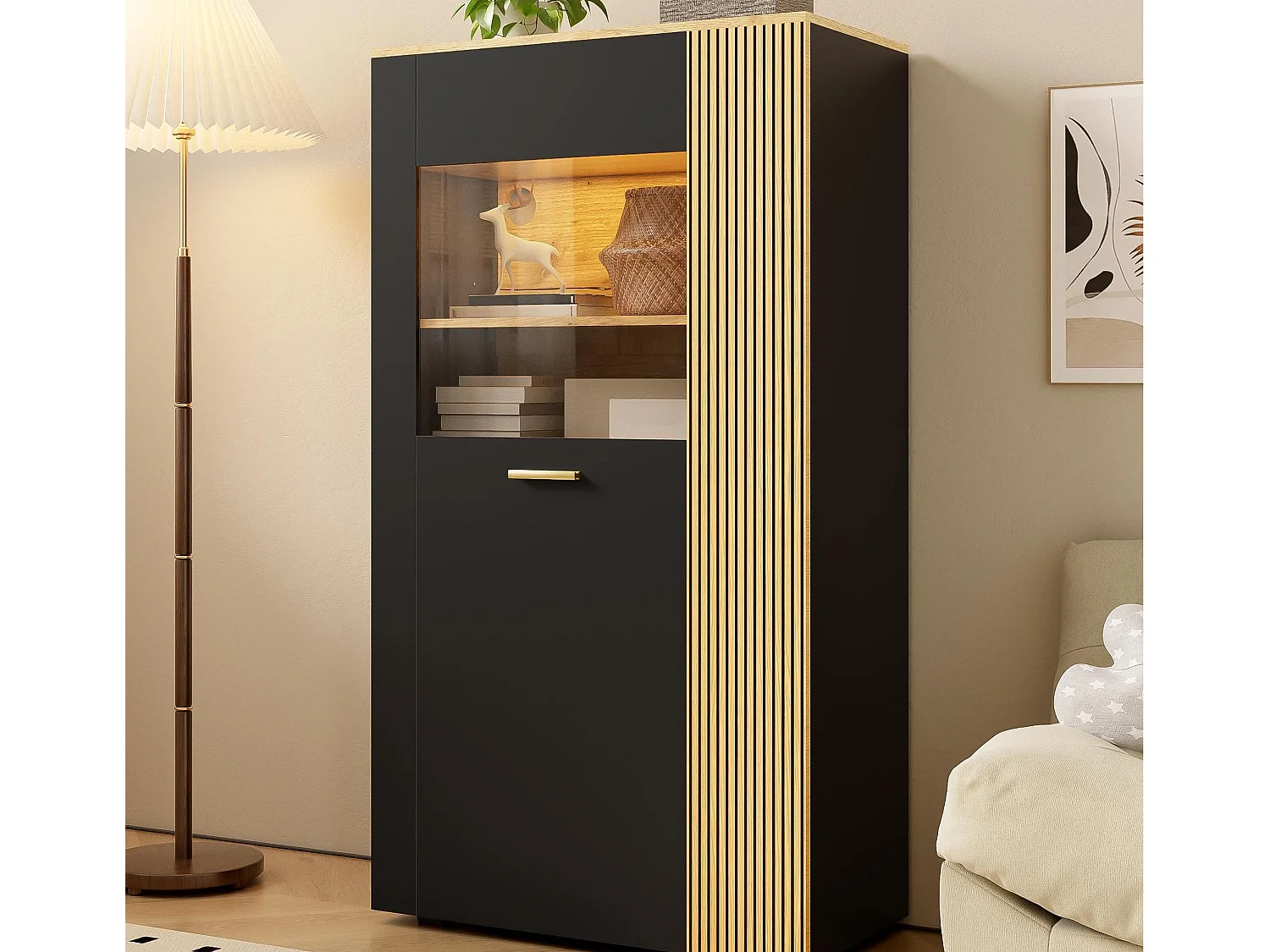 Vitrine 80x40x146cm - avec éclairage LED - avec 1 porte - Étagères réglables - Panneaux de particules - Noir + naturel