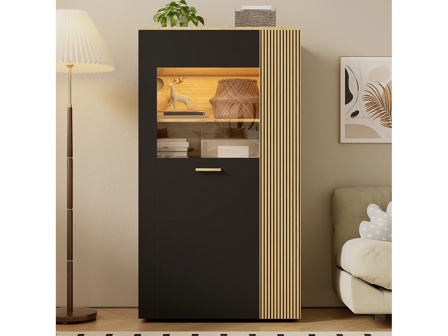 Vitrine 80x40x146cm - avec éclairage LED - avec 1 porte - Étagères réglables - Panneaux de particules - Noir + naturel