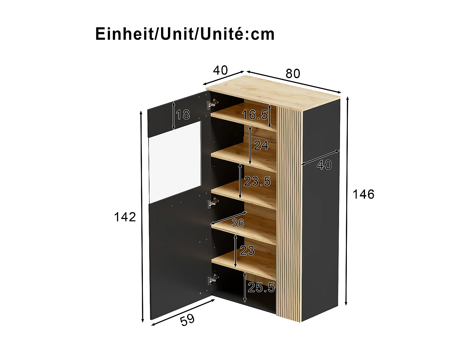 Vitrine 80x40x146cm - avec éclairage LED - avec 1 porte - Étagères réglables - Panneaux de particules - Noir + naturel