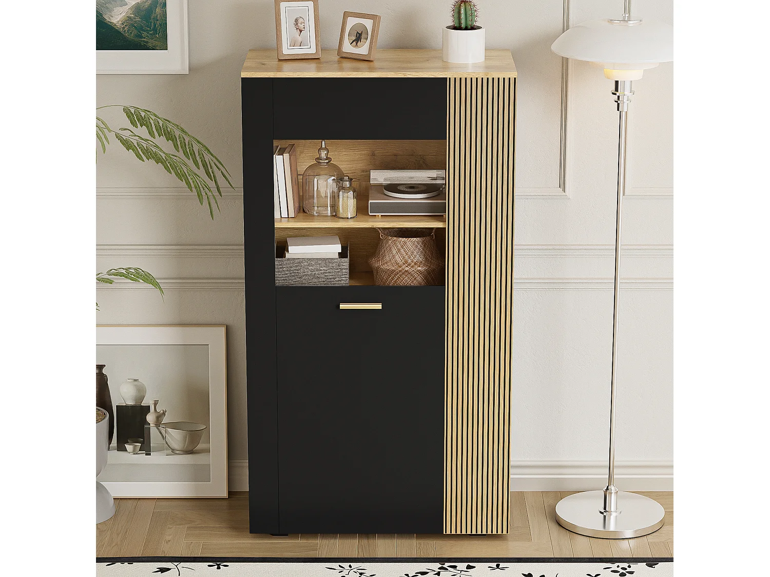 Vitrine 80x40x146cm - avec éclairage LED - avec 1 porte - Étagères réglables - Panneaux de particules - Noir + naturel