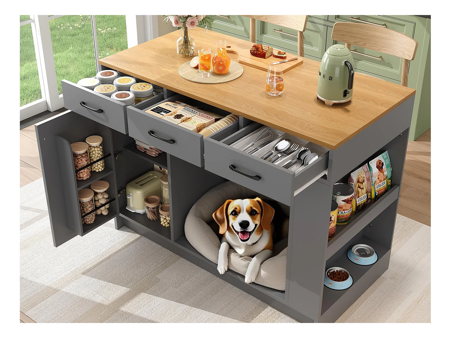 îlot central de cuisine 120x60x90 cm - avec 3 tiroirs et 1 porte - étagères ouvertes - espace de repos pour animaux - gris+naturel