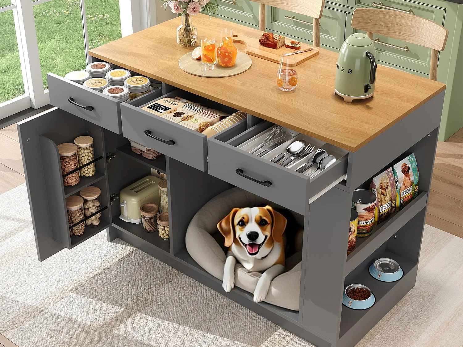 îlot central de cuisine 120x60x90 cm - avec 3 tiroirs et 1 porte - étagères ouvertes - espace de repos pour animaux - gris+naturel