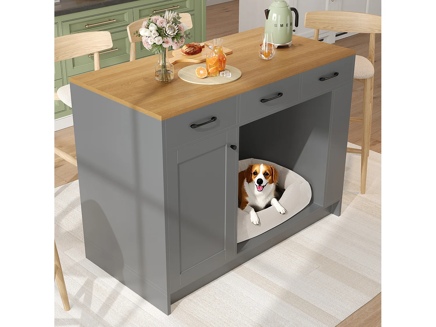 îlot central de cuisine 120x60x90 cm - avec 3 tiroirs et 1 porte - étagères ouvertes - espace de repos pour animaux - gris+naturel