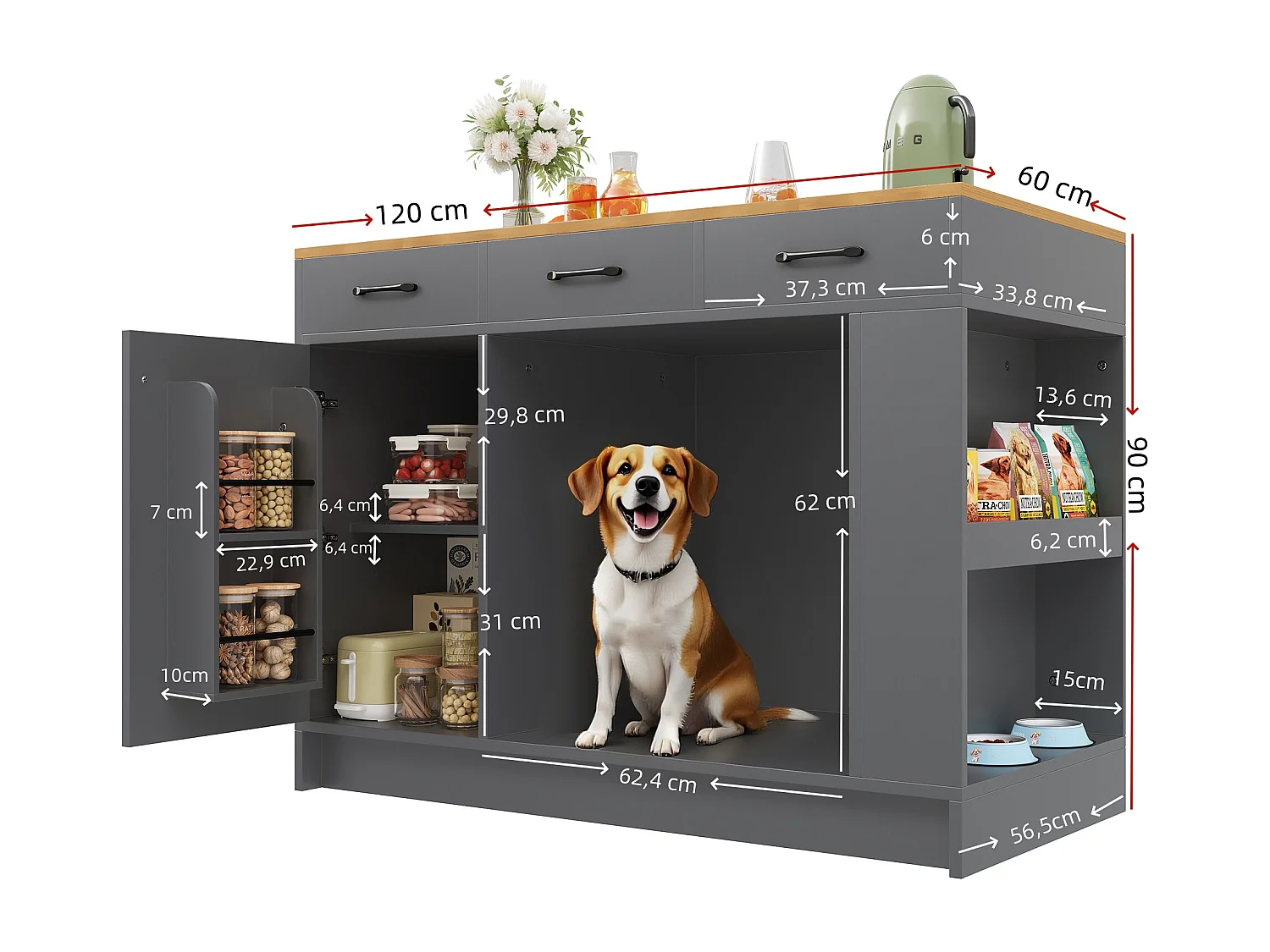 îlot central de cuisine 120x60x90 cm - avec 3 tiroirs et 1 porte - étagères ouvertes - espace de repos pour animaux - gris+naturel