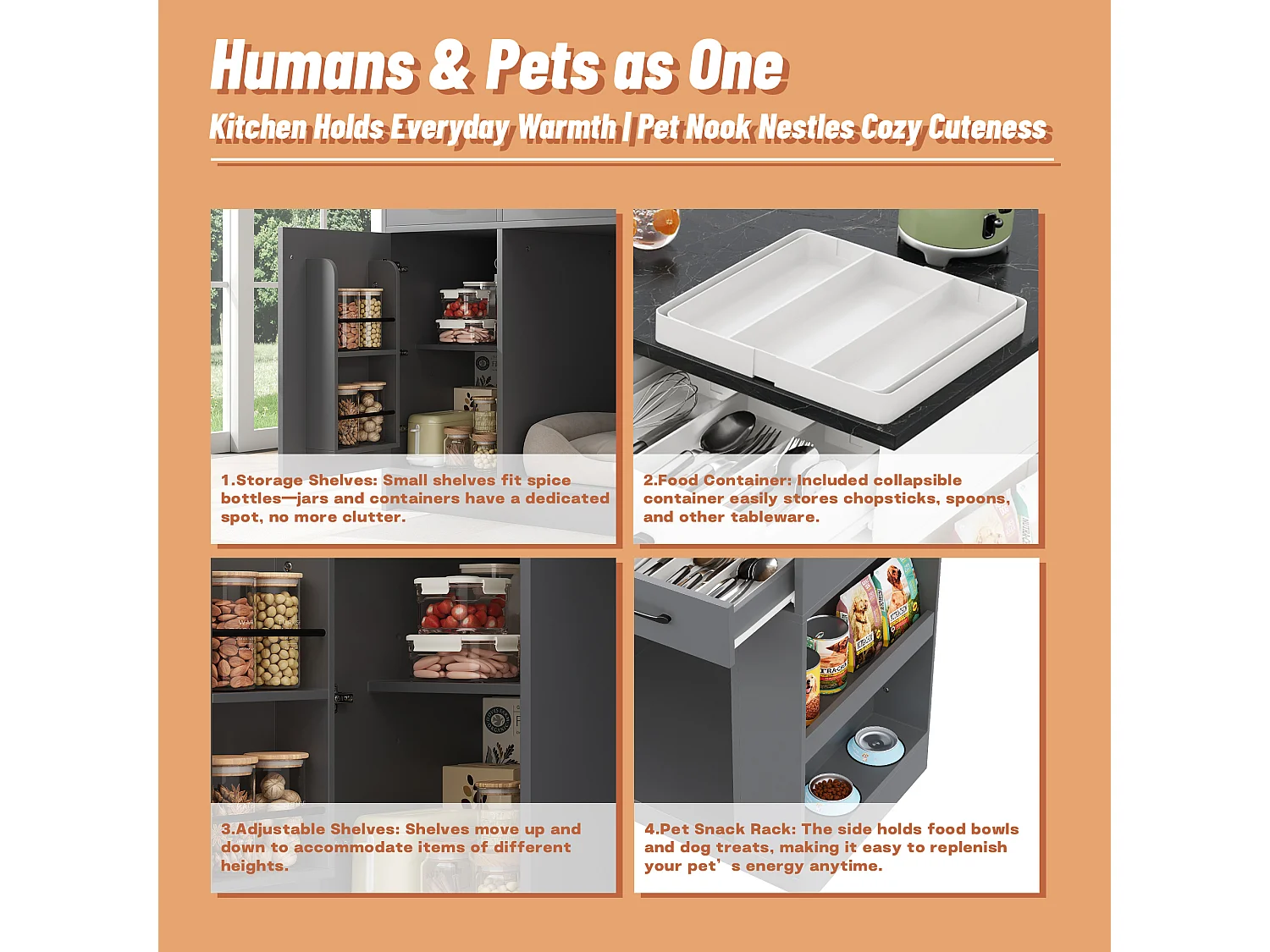 îlot central de cuisine 120x60x90 cm - avec 3 tiroirs et 1 porte - étagères ouvertes - espace de repos pour animaux - gris+naturel