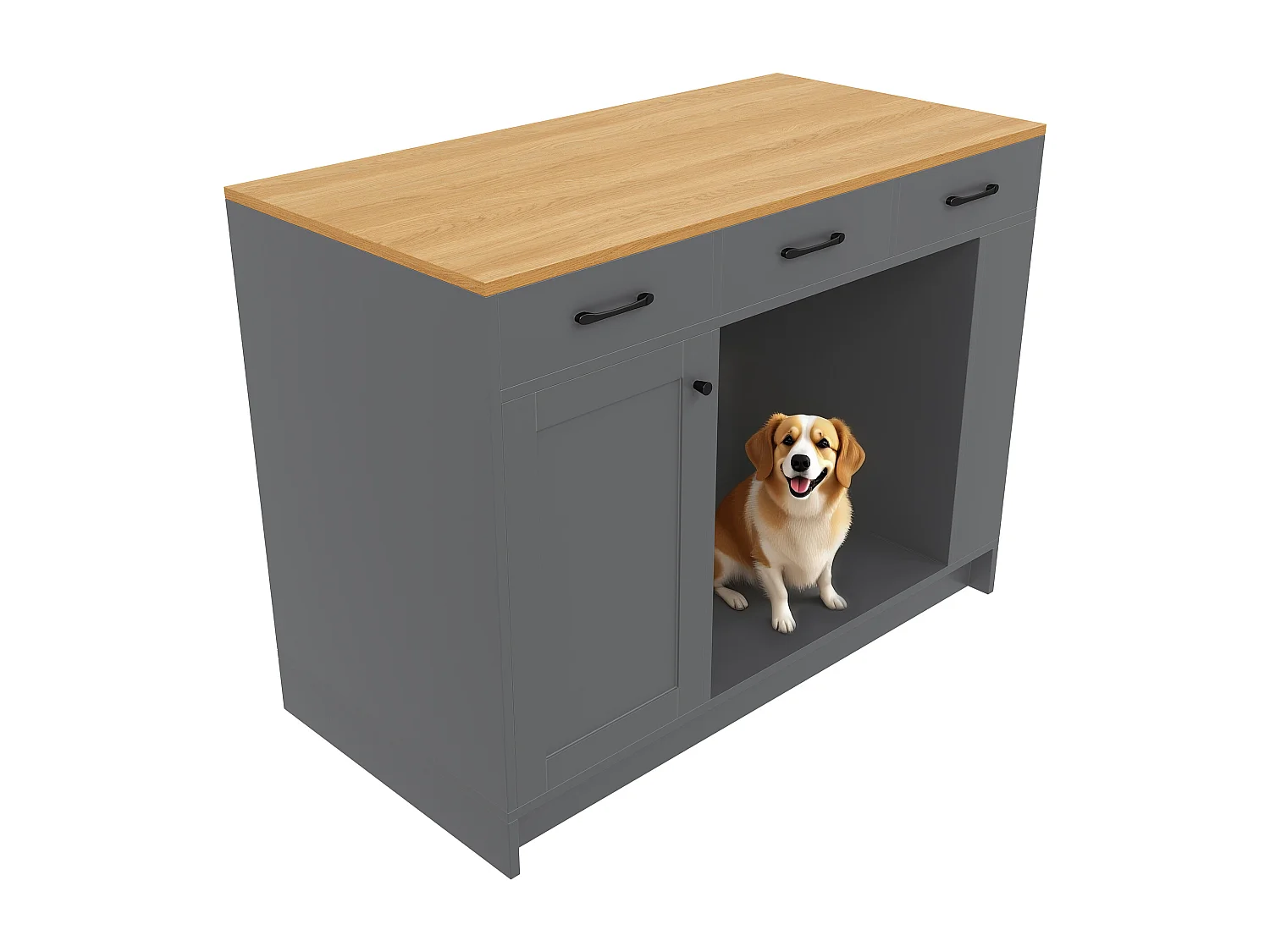 îlot central de cuisine 120x60x90 cm - avec 3 tiroirs et 1 porte - étagères ouvertes - espace de repos pour animaux - gris+naturel