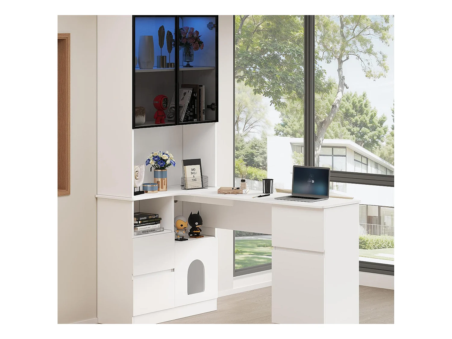 Bureau d'angle 120x80x180 cm - 4 portes et 3 tiroirs - Vitrine avec LED - Espace de repos pour animaux - Blanc