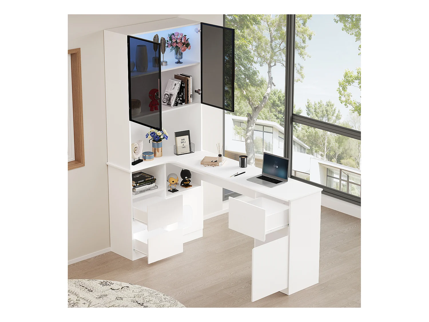 Bureau d'angle 120x80x180 cm - 4 portes et 3 tiroirs - Vitrine avec LED - Espace de repos pour animaux - Blanc
