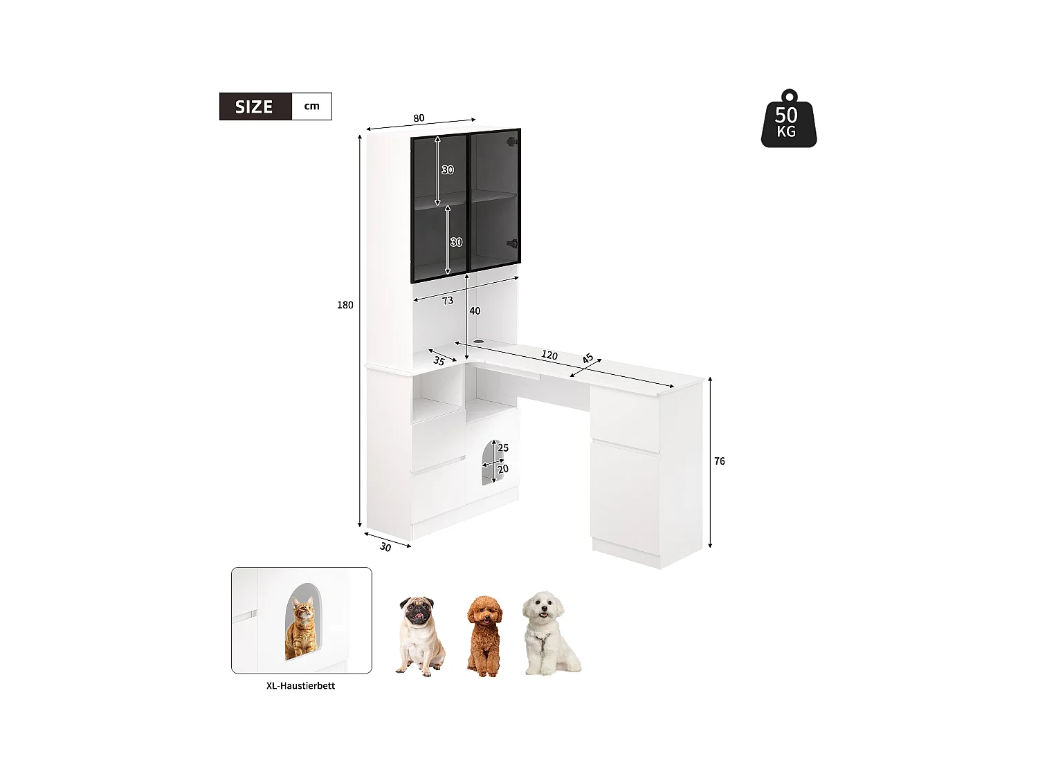 Bureau d'angle 120x80x180 cm - 4 portes et 3 tiroirs - Vitrine avec LED - Espace de repos pour animaux - Blanc