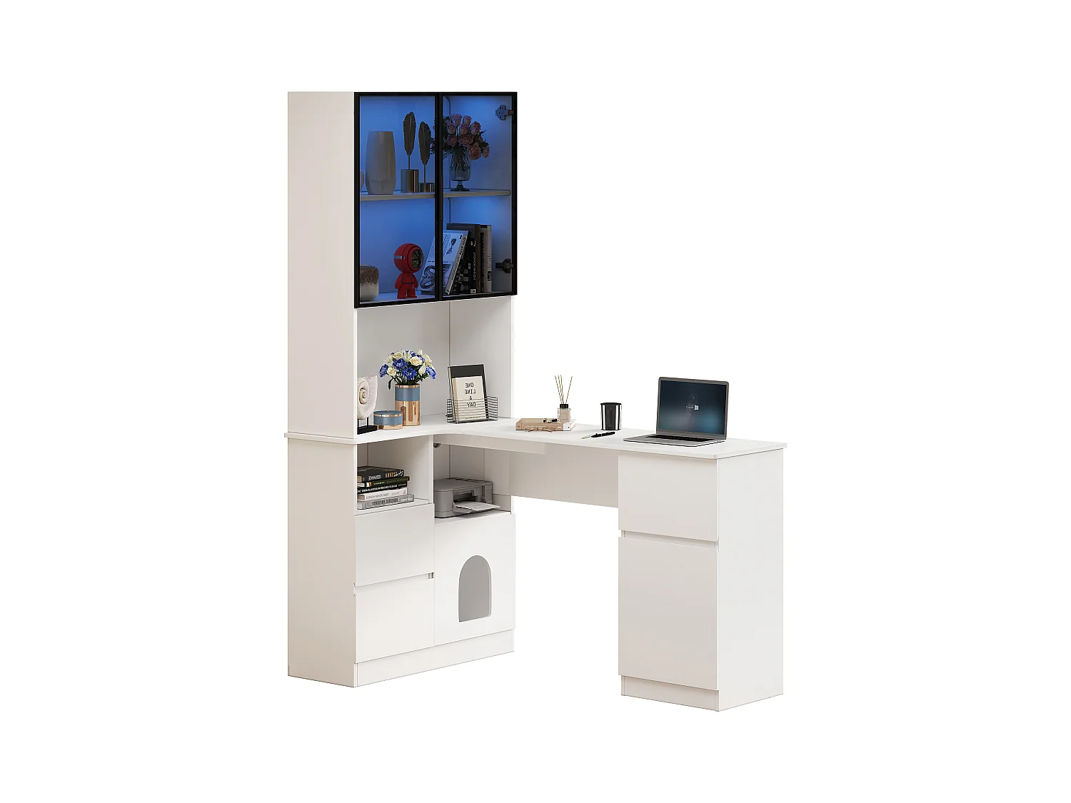 Bureau d'angle 120x80x180 cm - 4 portes et 3 tiroirs - Vitrine avec LED - Espace de repos pour animaux - Blanc