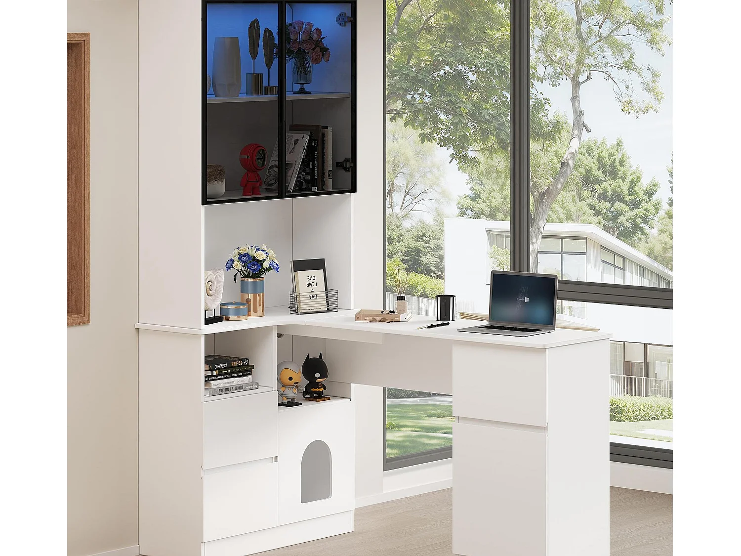 Eckschreibtisch 120x80x180 cm - 4 Türen und 3 Schubladen - Vitrine mit LED - Ruhebereich für Haustiere - Weiß
