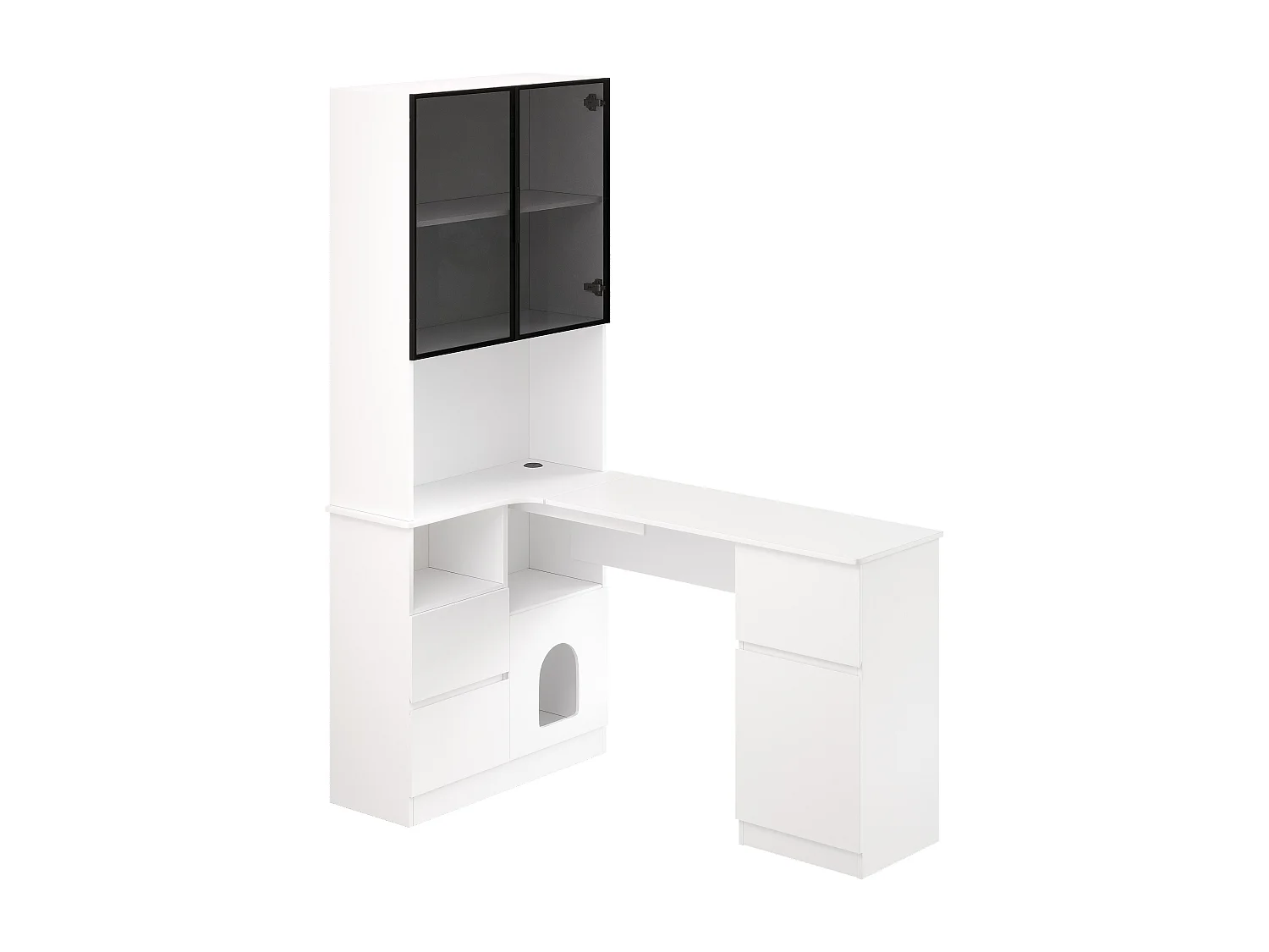 Eckschreibtisch 120x80x180 cm - 4 Türen und 3 Schubladen - Vitrine mit LED - Ruhebereich für Haustiere - Weiß