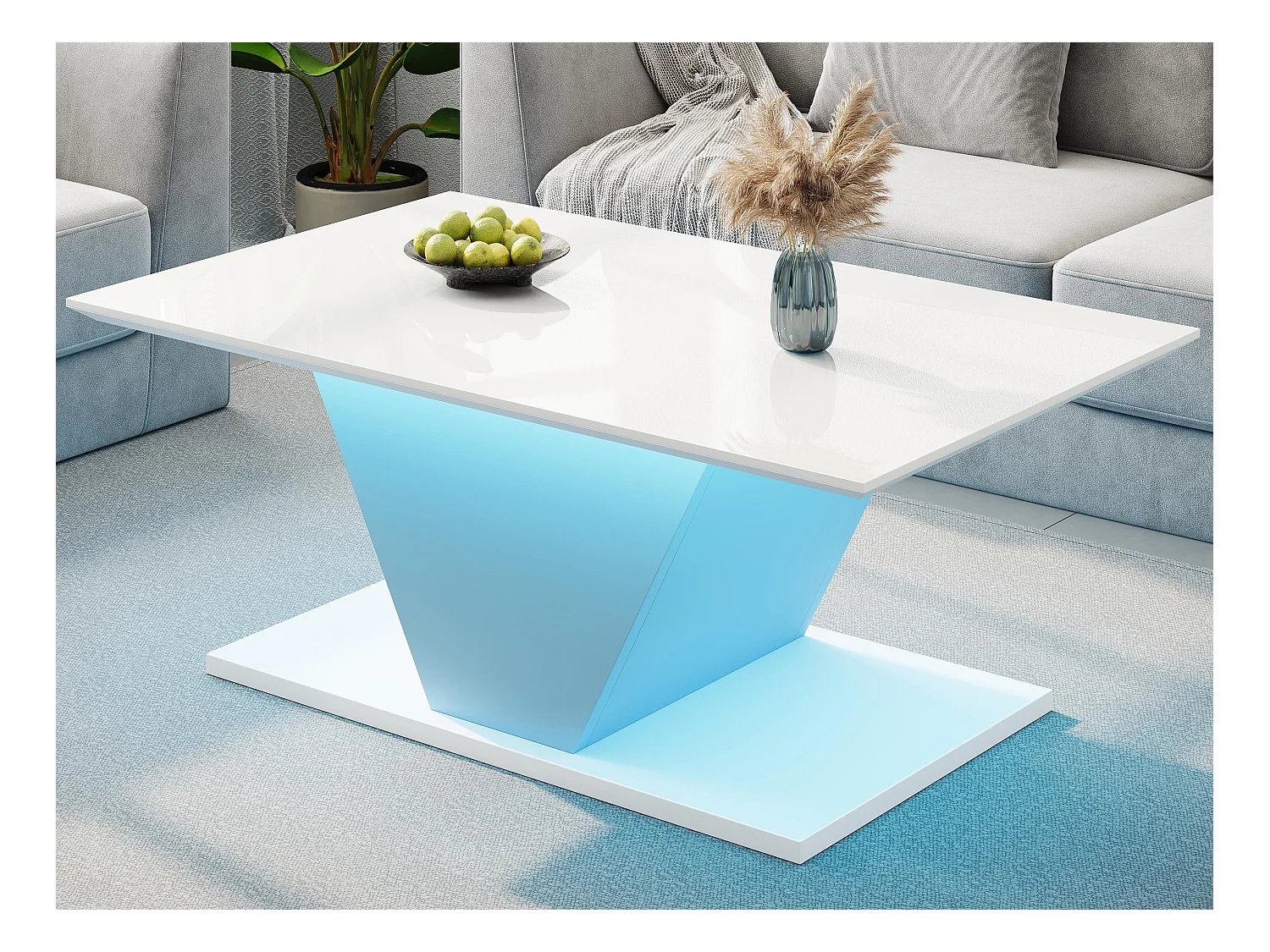 Table basse 100x50x46 cm - avec éclairage LED - finition brillante - panneau de particules - Blanc