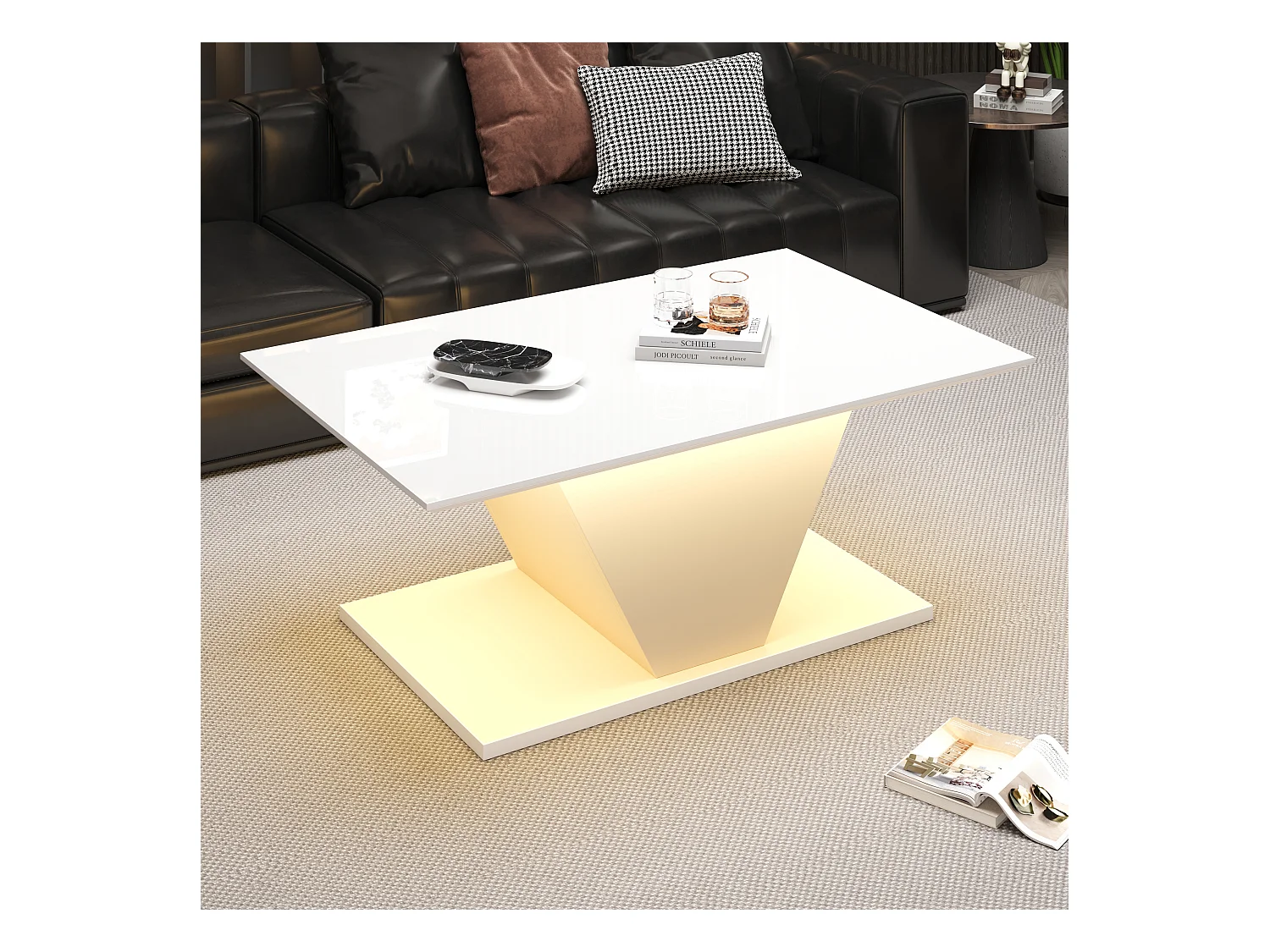 Couchtisch 100x50x46 cm - mit LED-Beleuchtung - Hochglanzfinish - Spanplatte - Weiß