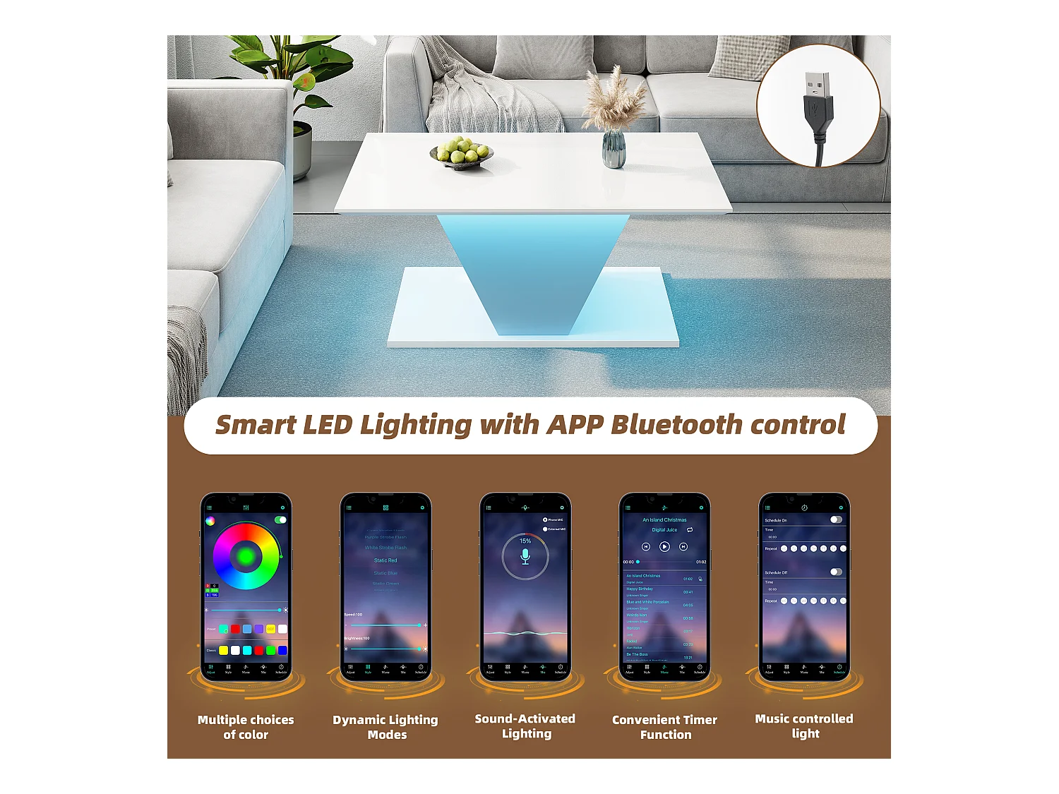 Couchtisch 100x50x46 cm - mit LED-Beleuchtung - Hochglanzfinish - Spanplatte - Weiß