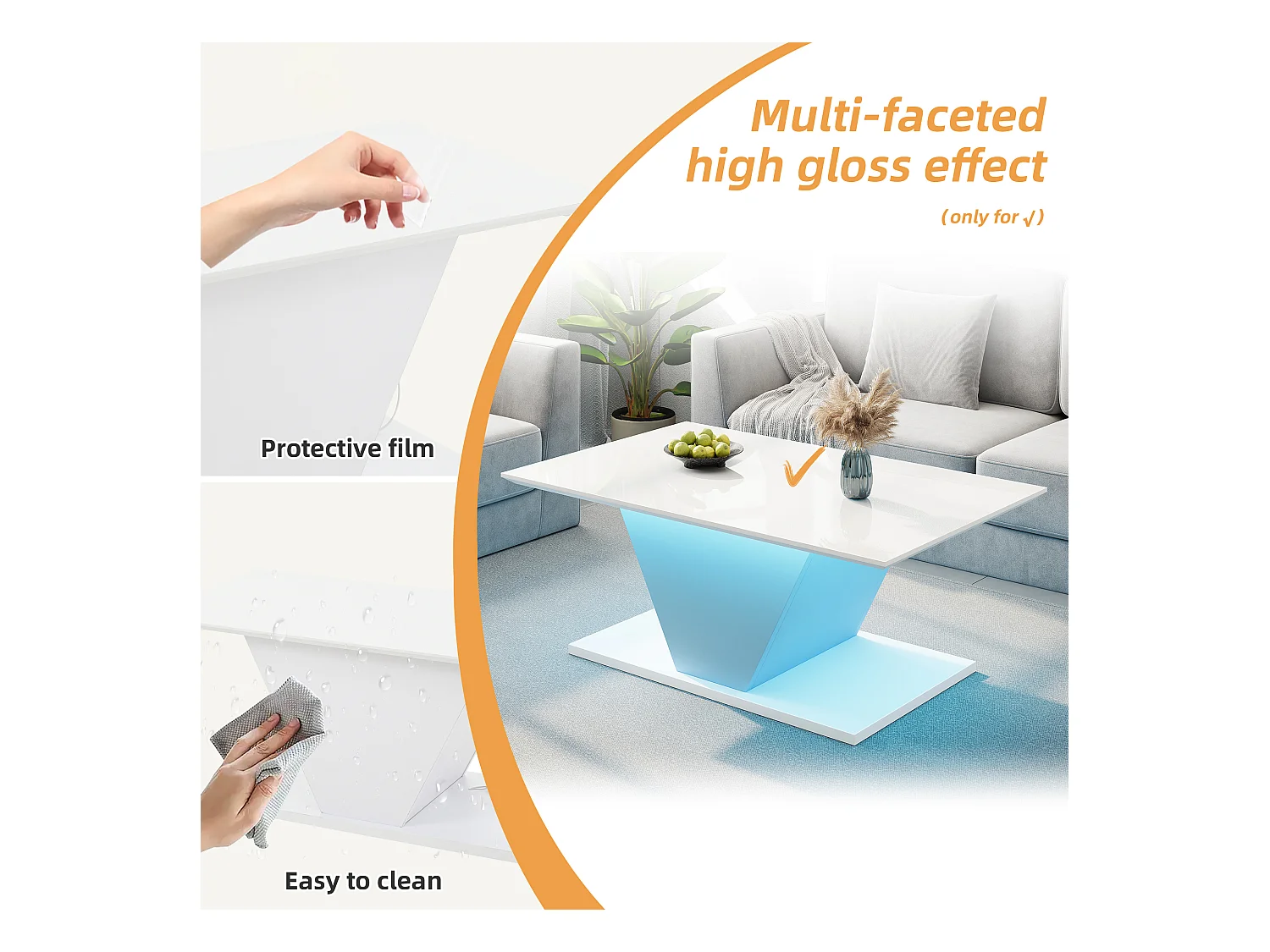 Couchtisch 100x50x46 cm - mit LED-Beleuchtung - Hochglanzfinish - Spanplatte - Weiß