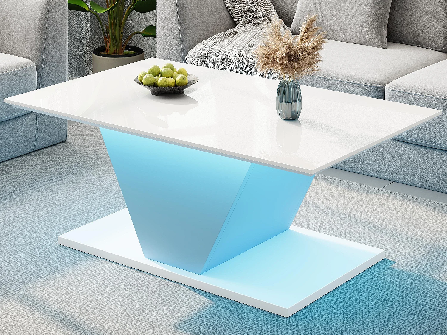 Table basse 100x50x46 cm - avec éclairage LED - finition brillante - panneau de particules - Blanc