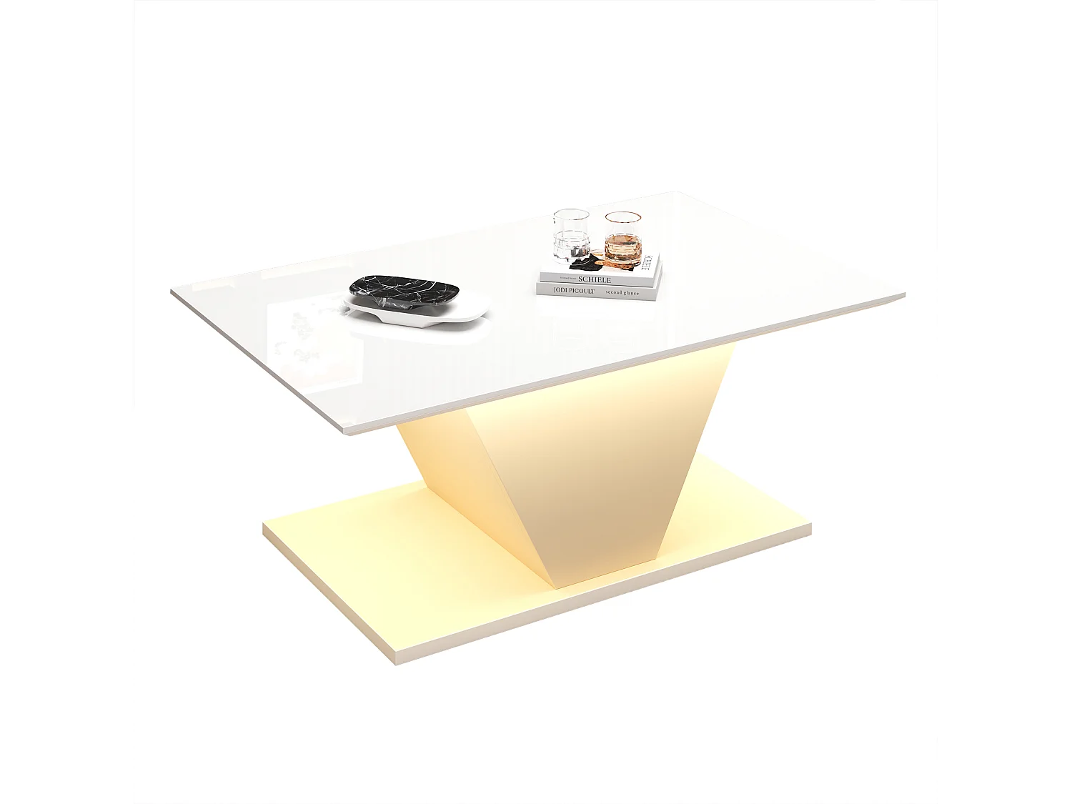 Table basse 100x50x46 cm - avec éclairage LED - finition brillante - panneau de particules - Blanc
