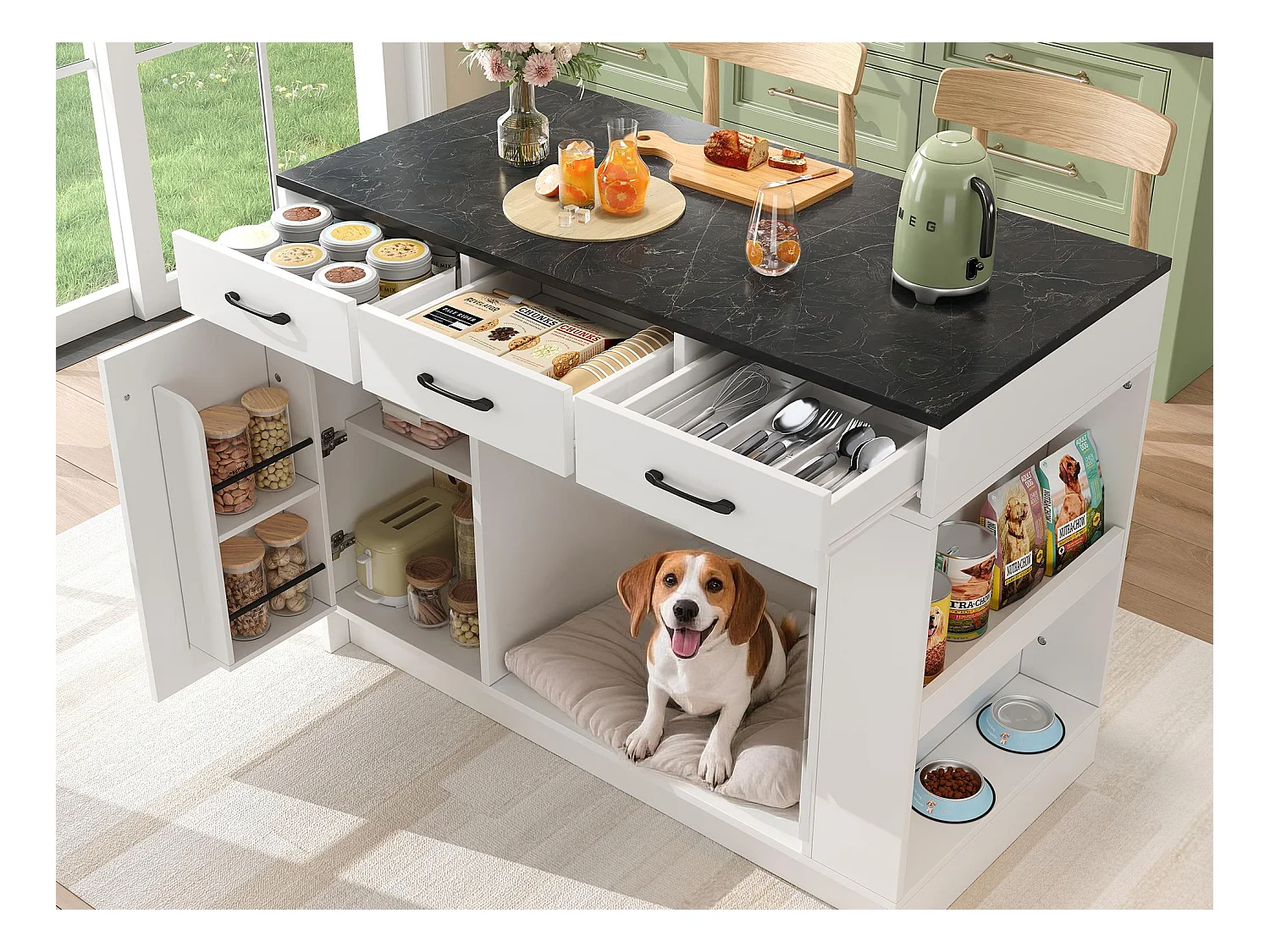 îlot central de cuisine 120x60x90 cm - avec 3 tiroirs et 1 porte - étagères ouvertes - espace de repos pour animaux - blanc+noir
