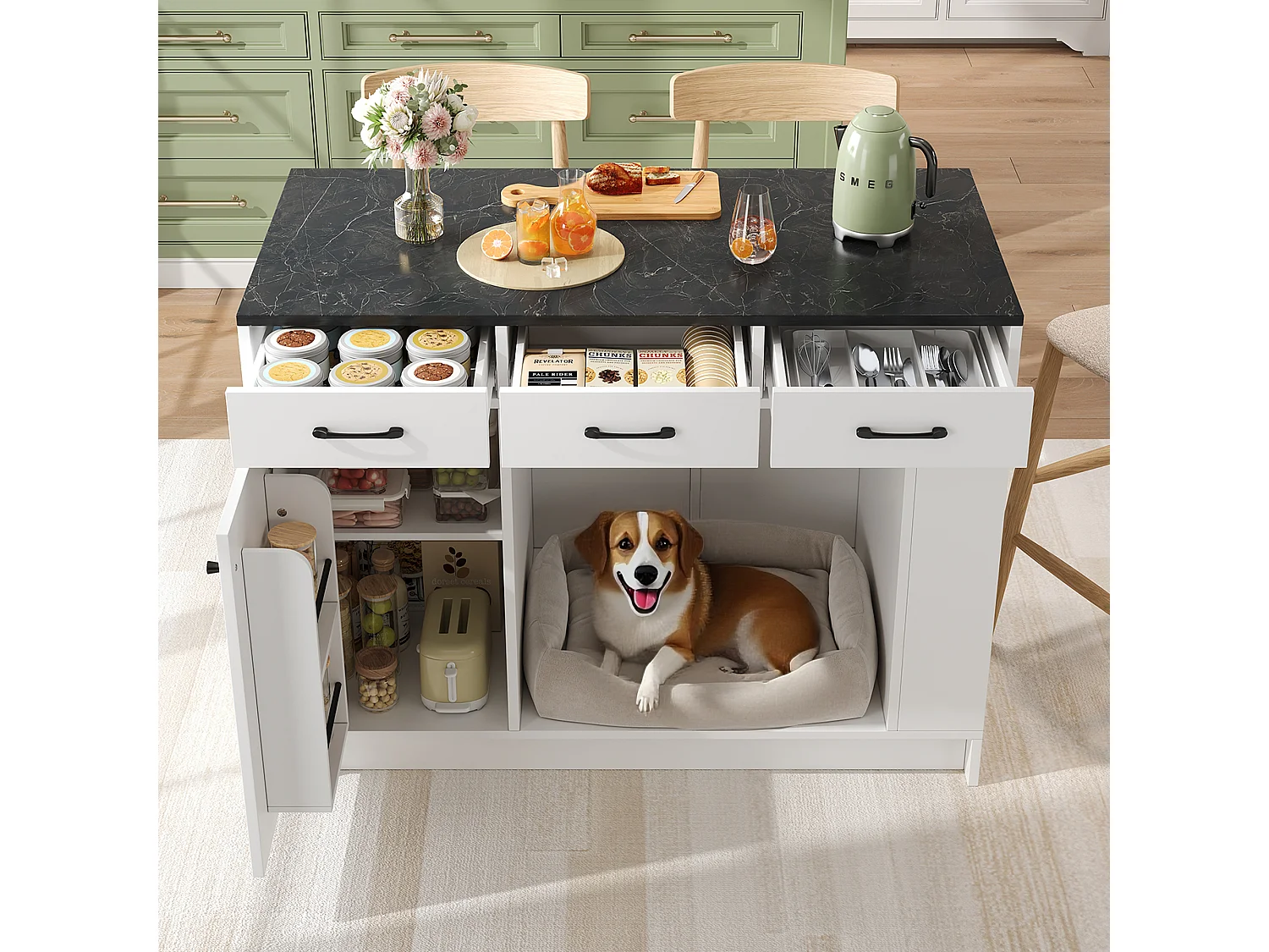 Kücheninsel 120x60x90 cm - mit 3 Schubladen und 1 Tür - offene Regale - Ruhebereich für Haustiere - weiß+schwarz