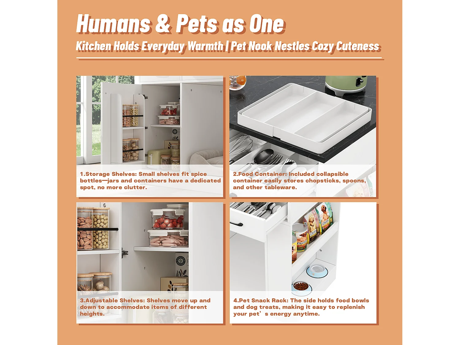 Kücheninsel 120x60x90 cm - mit 3 Schubladen und 1 Tür - offene Regale - Ruhebereich für Haustiere - weiß+schwarz