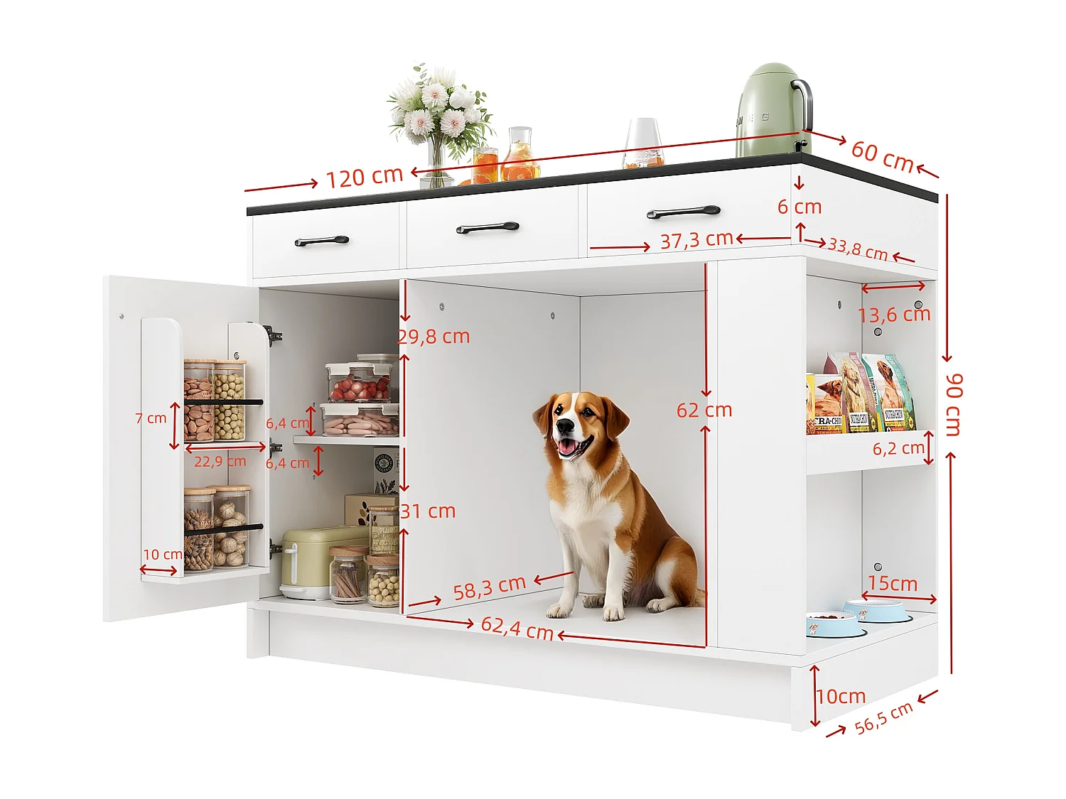 Kücheninsel 120x60x90 cm - mit 3 Schubladen und 1 Tür - offene Regale - Ruhebereich für Haustiere - weiß+schwarz