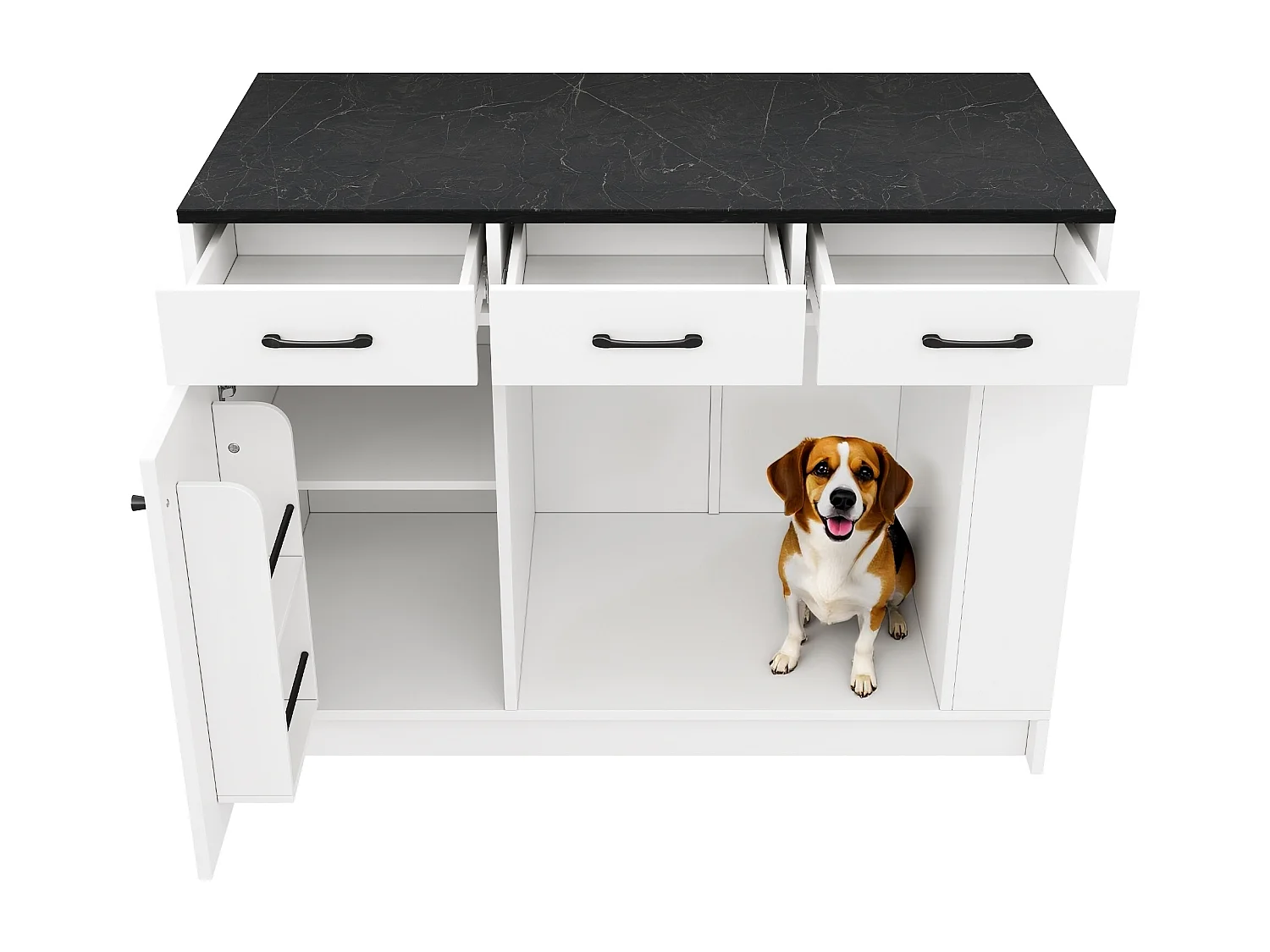 Kücheninsel 120x60x90 cm - mit 3 Schubladen und 1 Tür - offene Regale - Ruhebereich für Haustiere - weiß+schwarz
