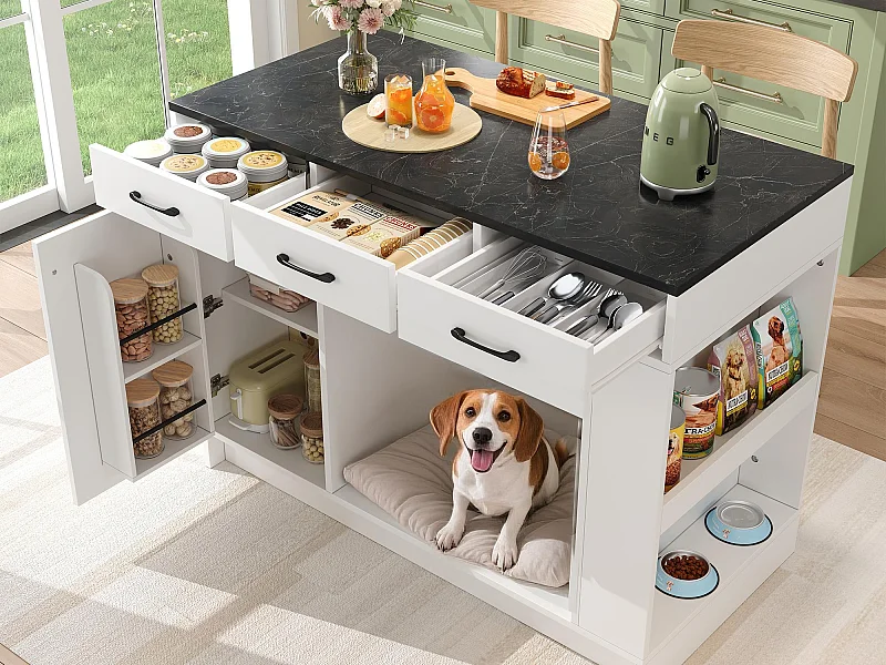 Kücheninsel 120x60x90 cm - mit 3 Schubladen und 1 Tür - offene Regale - Ruhebereich für Haustiere - weiß+schwarz