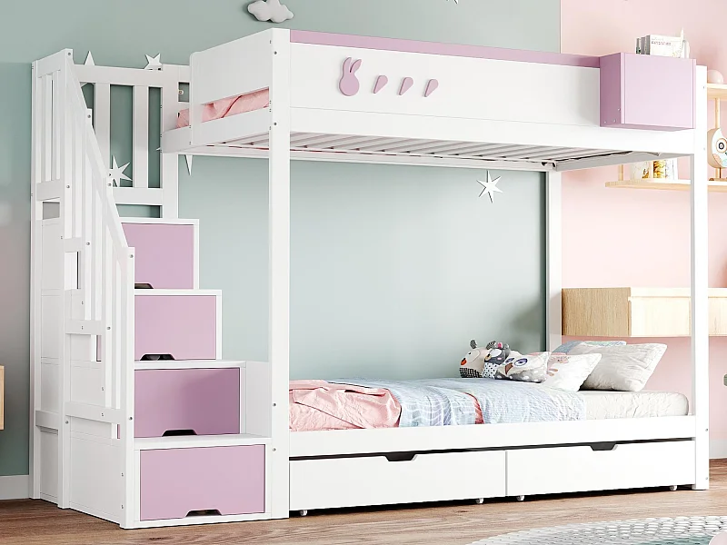 Kinderetagenbett 90x200 cm - abnehmbarer Aufbewahrungskoffer - Sicherheitsleiter - mit 2 Schubladen - weiß + rosa