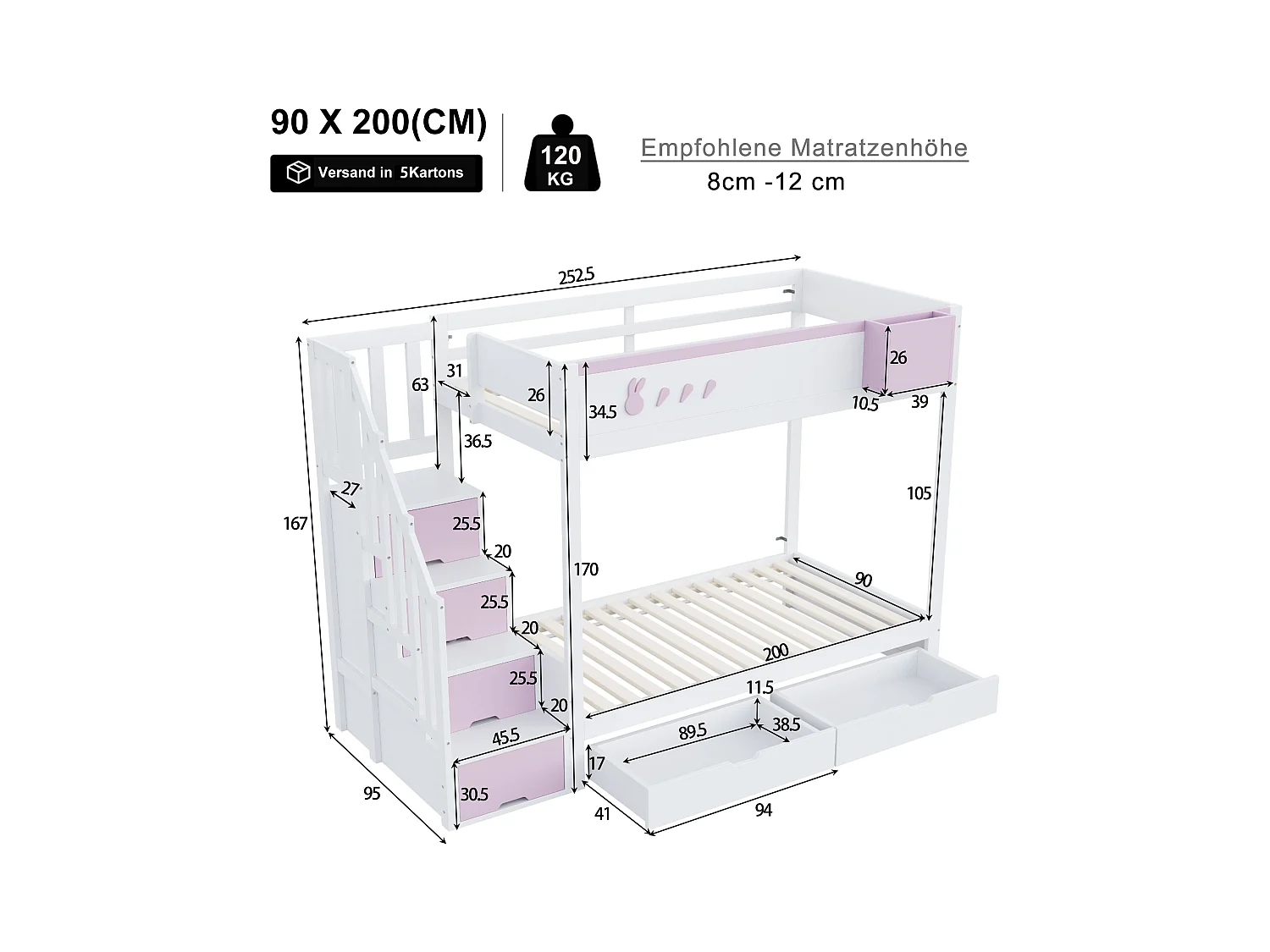 Kinder stapelbed 90x200 cm - afneembare opbergkist - veiligheidsladder - met 2 lades - wit + roze