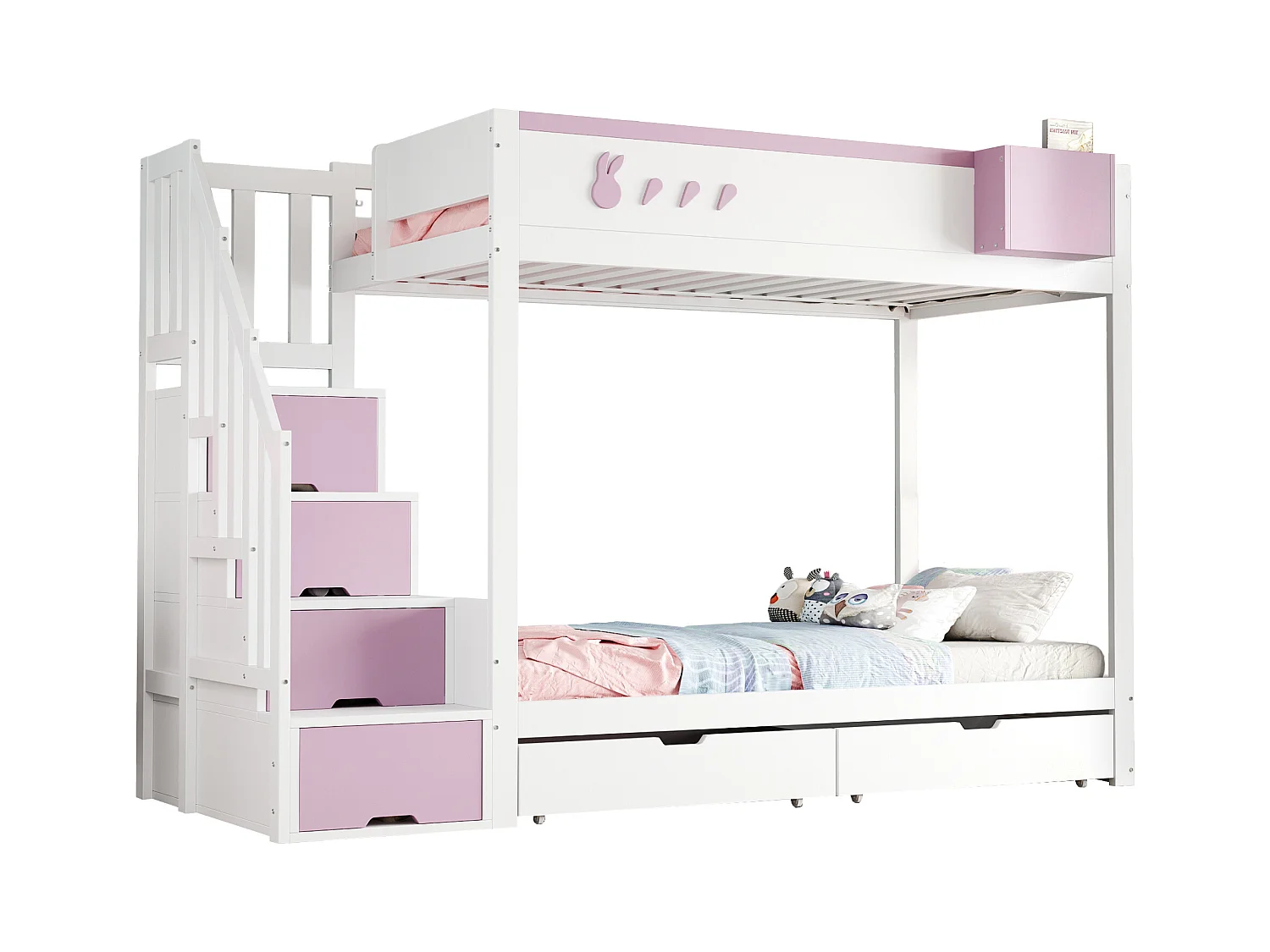 Kinder stapelbed 90x200 cm - afneembare opbergkist - veiligheidsladder - met 2 lades - wit + roze