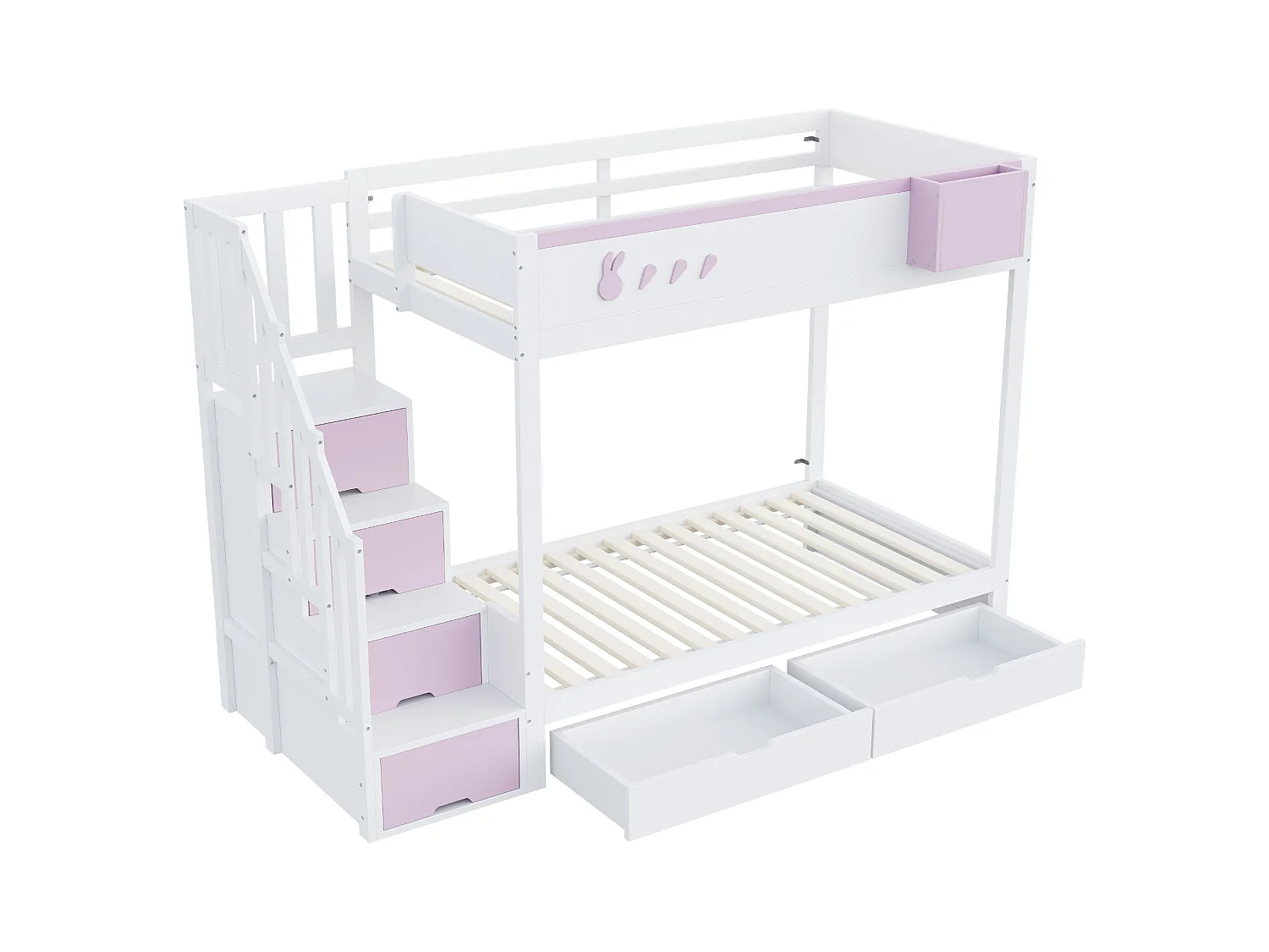 Kinder stapelbed 90x200 cm - afneembare opbergkist - veiligheidsladder - met 2 lades - wit + roze