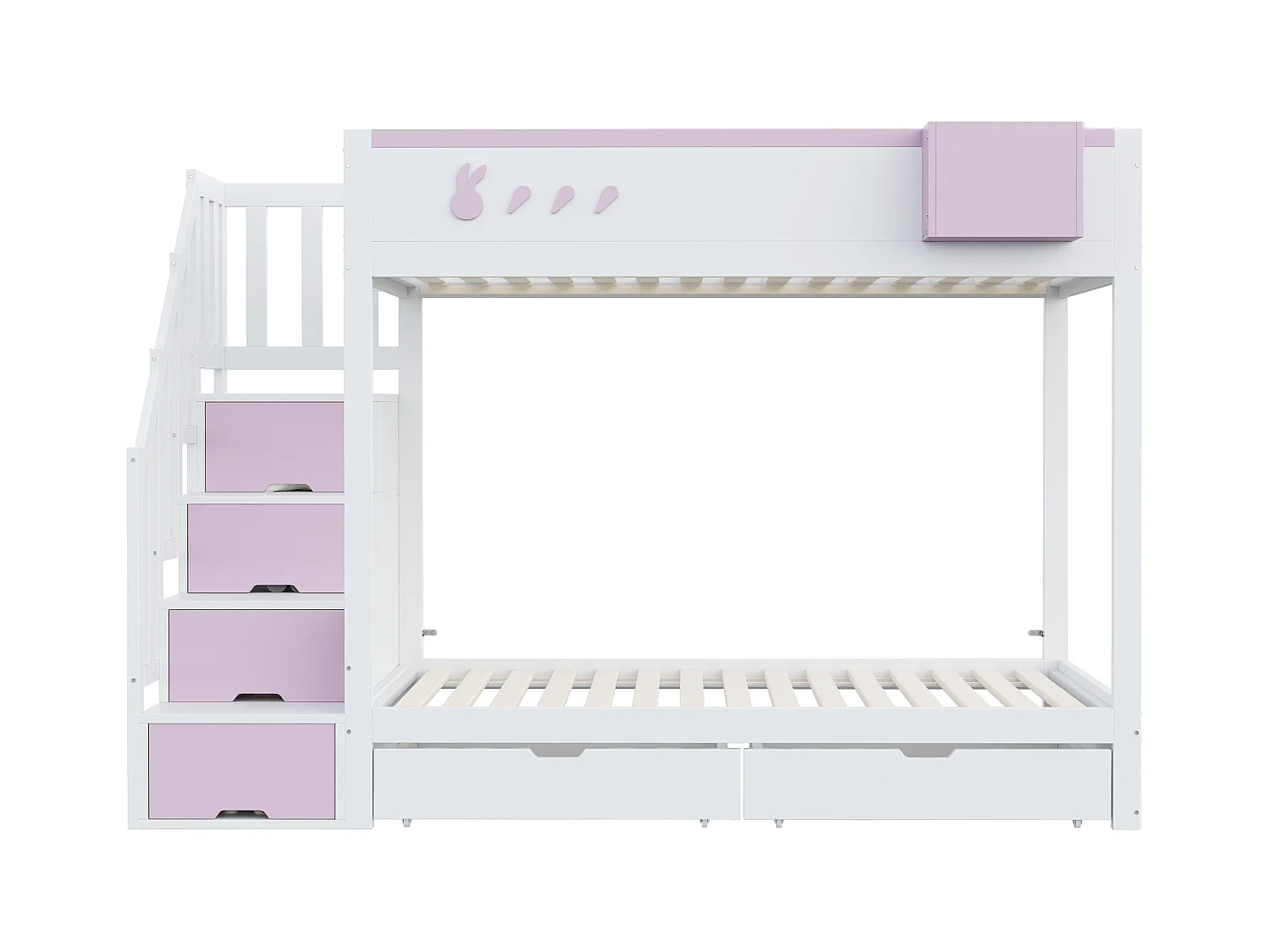 Kinder stapelbed 90x200 cm - afneembare opbergkist - veiligheidsladder - met 2 lades - wit + roze