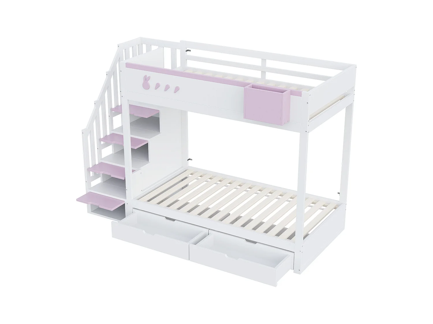 Kinder stapelbed 90x200 cm - afneembare opbergkist - veiligheidsladder - met 2 lades - wit + roze