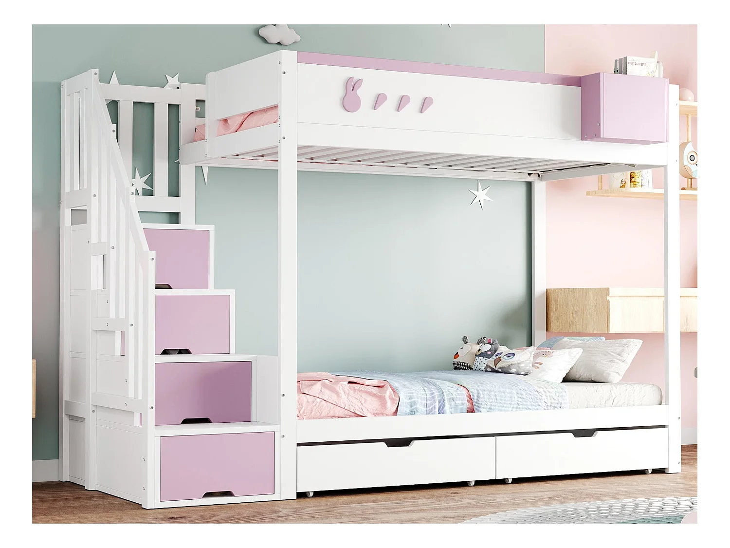 Lit superposé enfant 90x200 cm - coffre de rangement amovible - échelle de sécurité - avec 2 tiroirs - blanc + rose