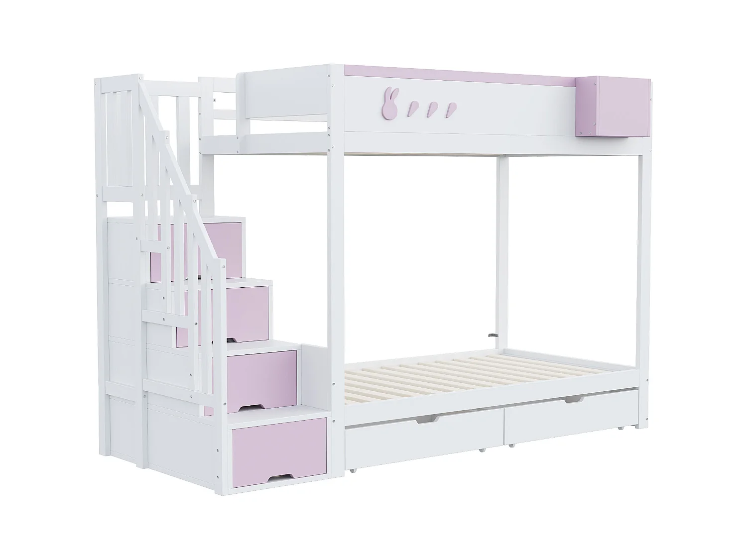 Kinder stapelbed 90x200 cm - afneembare opbergkist - veiligheidsladder - met 2 lades - wit + roze
