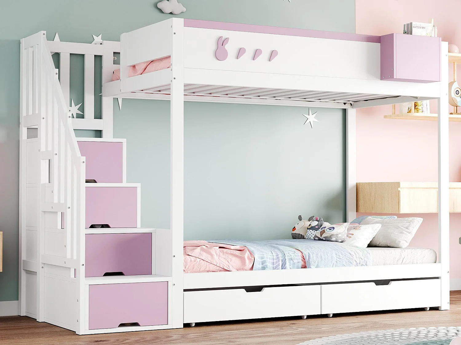 Lit superposé enfant 90x200 cm - coffre de rangement amovible - échelle de sécurité - avec 2 tiroirs - blanc + rose