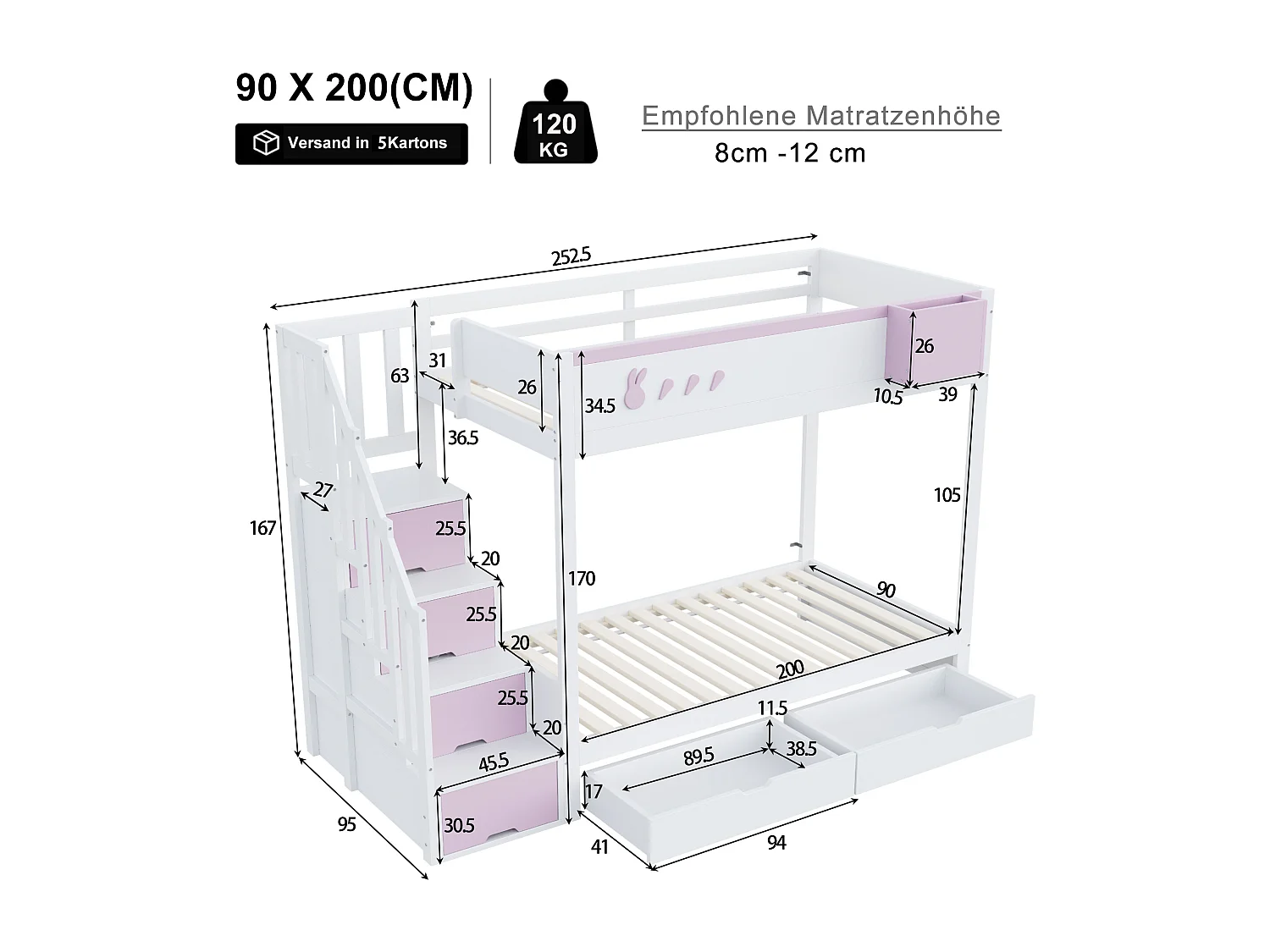 Lit superposé enfant 90x200 cm - coffre de rangement amovible - échelle de sécurité - avec 2 tiroirs - blanc + rose