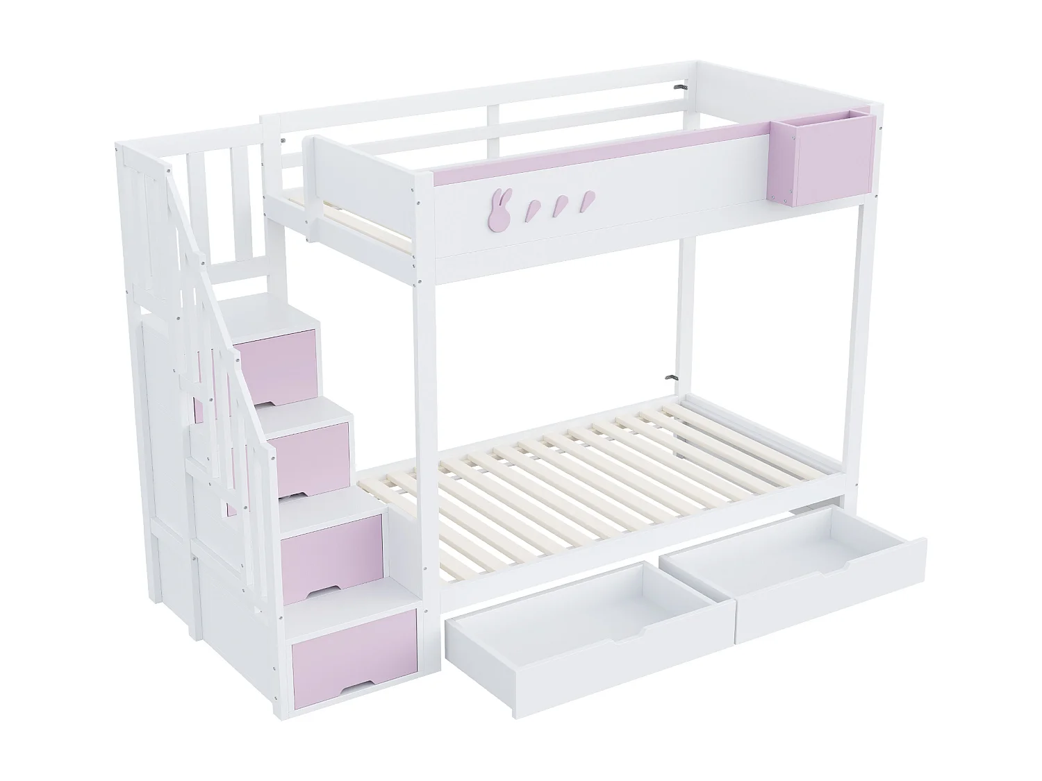 Lit superposé enfant 90x200 cm - coffre de rangement amovible - échelle de sécurité - avec 2 tiroirs - blanc + rose
