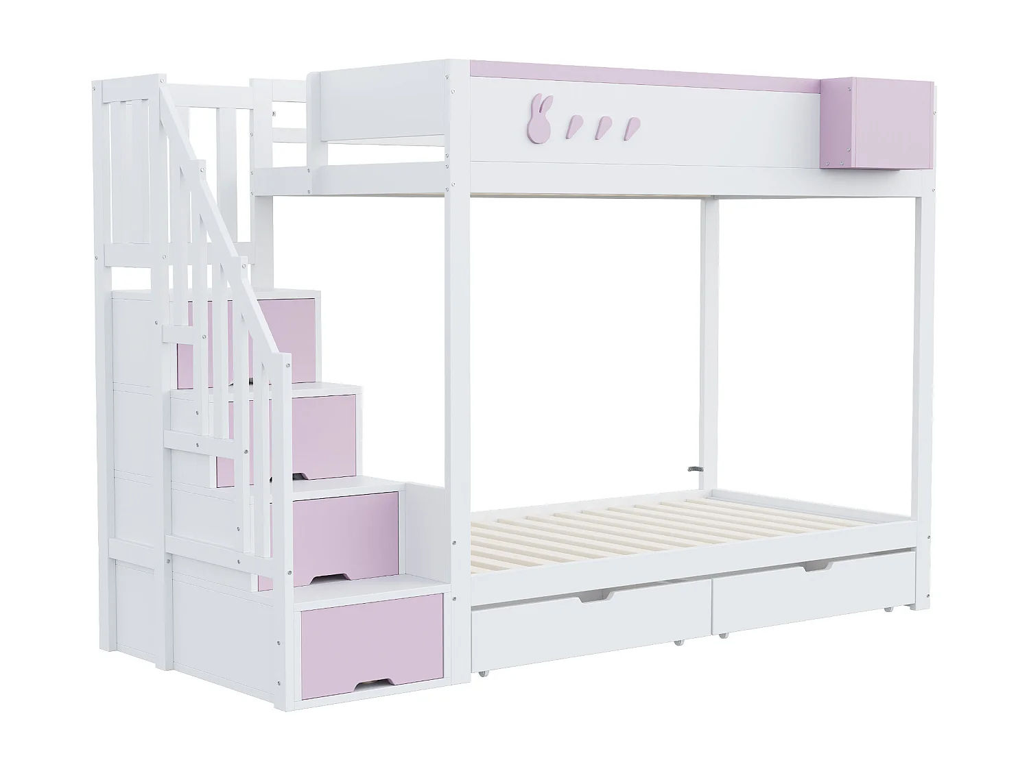 Lit superposé enfant 90x200 cm - coffre de rangement amovible - échelle de sécurité - avec 2 tiroirs - blanc + rose