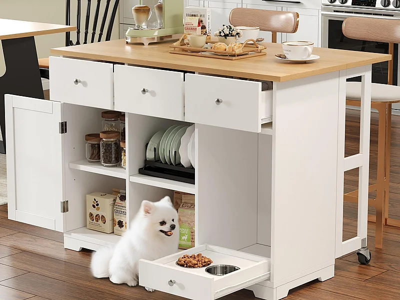 Îlot central de cuisine mobile 120x70x90cm - avec 4 tiroirs et 1 porte - avec 2 gamelles pour animaux - étagères réglables - blanc